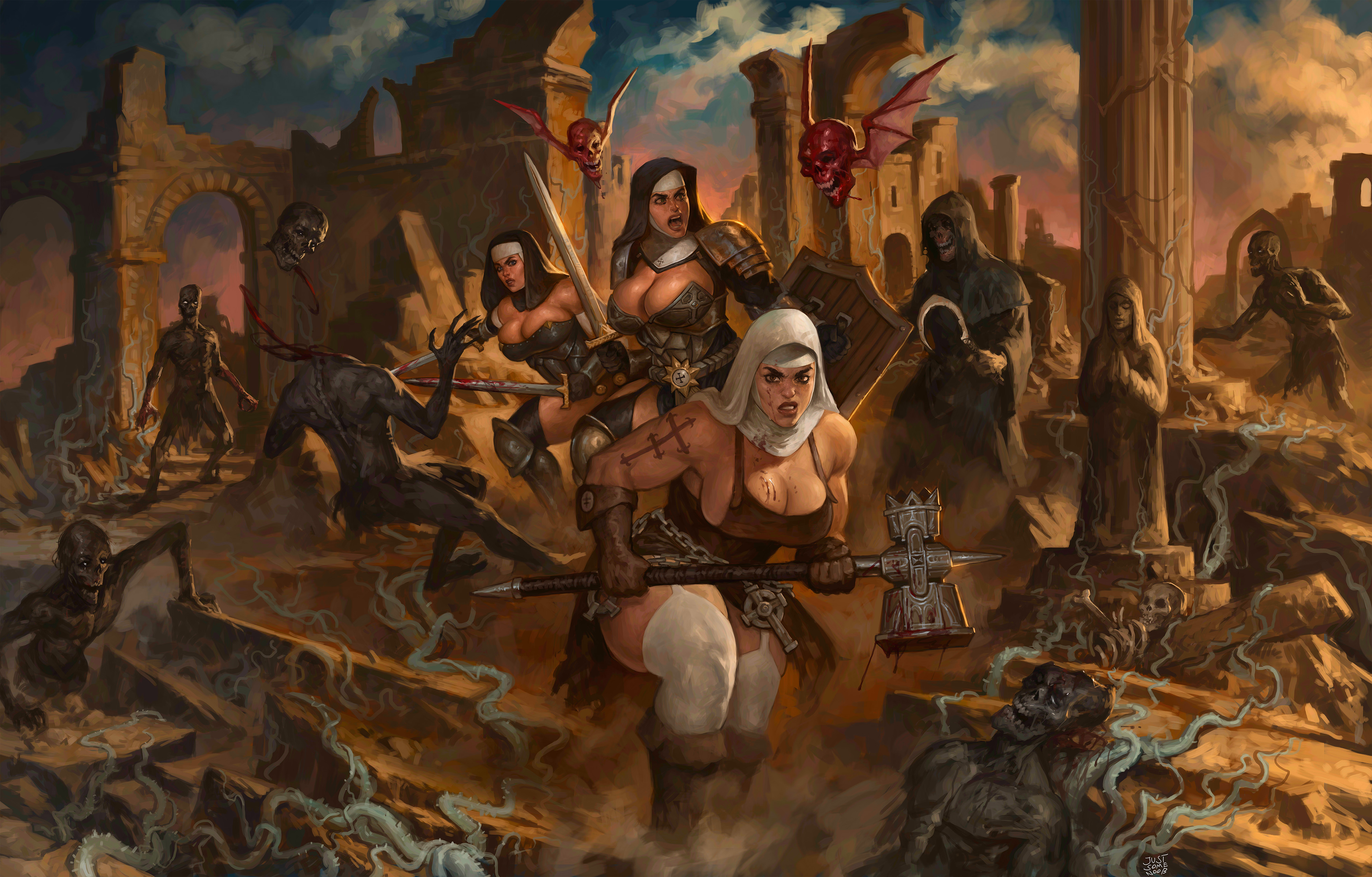 armor, armored female, artistic, artistic nude, artistic nudity, battle, biceps, big breasts, blood, blood stain, breasts, curvaceous, curvaceous female, curvaceous figure, curvy, curvy body, curvy figure, curvy hips, female, female only, female/female/female, fight, ghoul, hammer, holding object, holding weapon, hourglass figure, hourglass figured female, huge breasts, justsomenoob, muscular, muscular female, nonsexual, nonsexual nudity, nun, nun habit, nun hat, nun outfit, nun's habit, original, original character, partially clothed, revealing clothes, shield, skeleton, stockings, stocks, sword, tasteful, tasteful nudity, toned, toned female, voluptuous, voluptuous female, warrior, wide hips