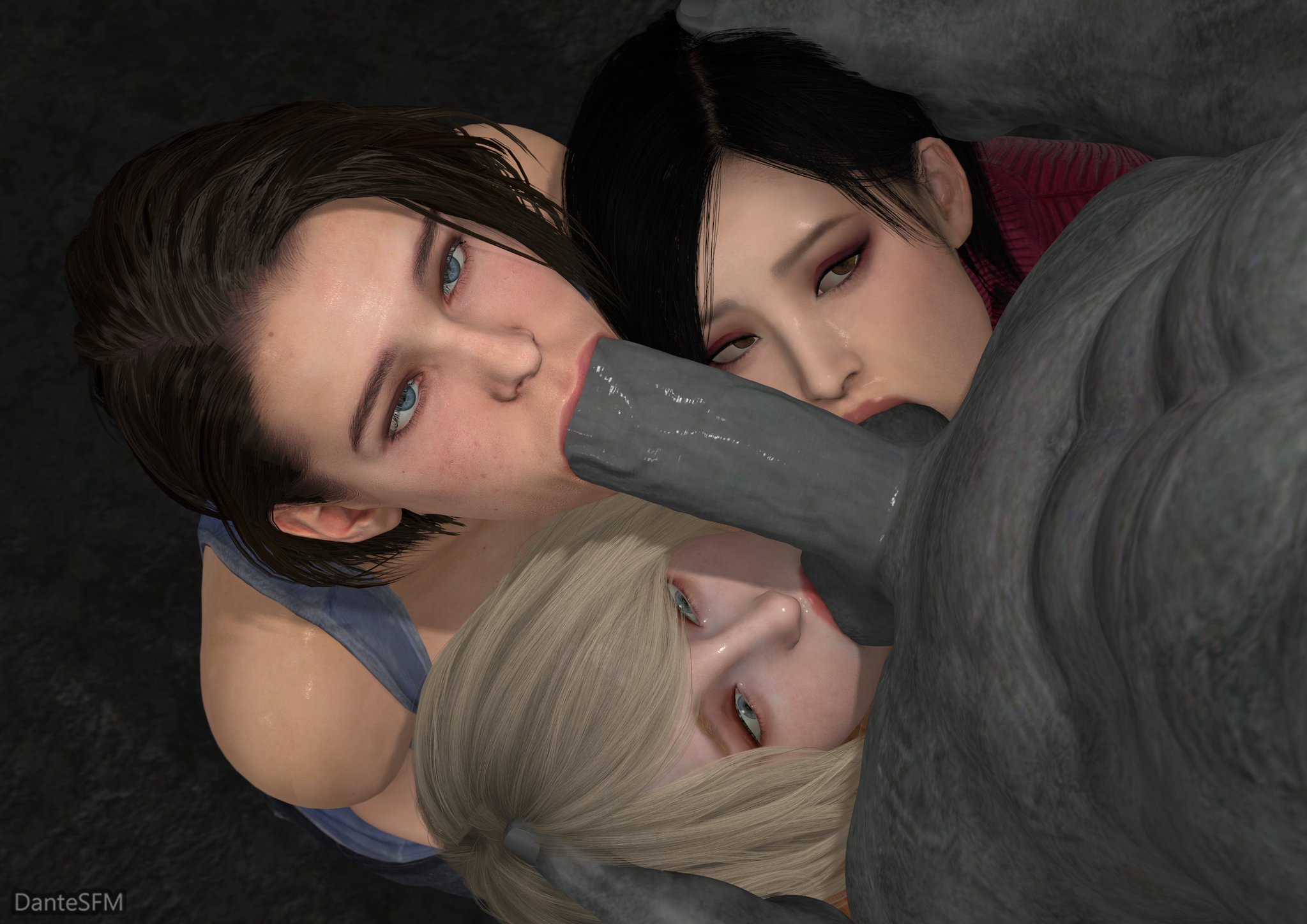 3d, 3girls, ada wong, ashley graham, blowjob, dantesfm, jill valentine, monster, monster on female, mr x, penis, resident evil, tyrant
