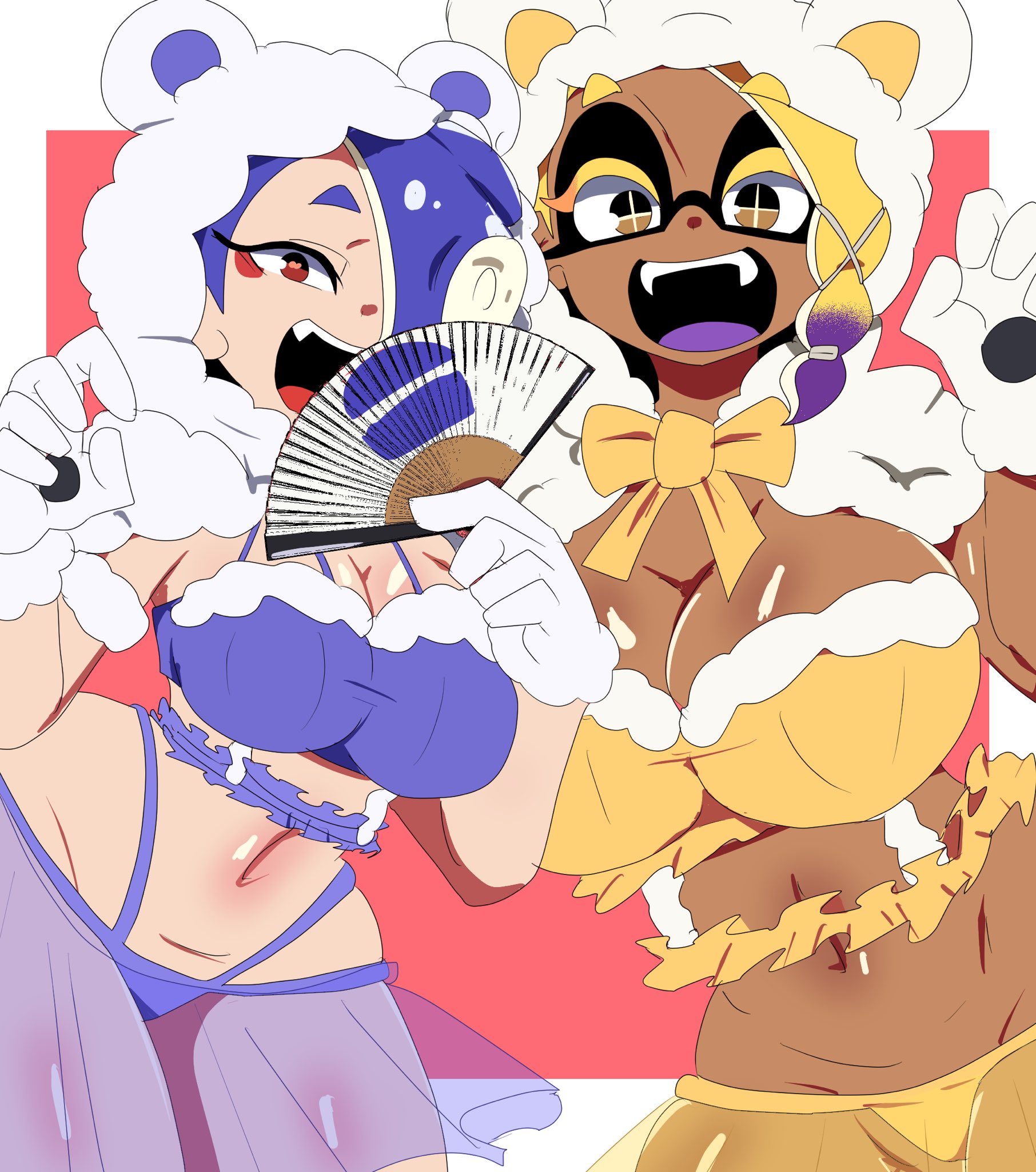 + +, 2girls, big breasts, blue hair, bow, breasts, chicken rib, cleavage, fan, female, female only, frye (splatoon), gloves, hair over one eye, huge breasts, inkling, large breasts, looking at viewer, navel, nintendo, octoling, open mouth, paper fan, purple tongue, red eyes, shiny skin, shiver (splatoon), splatoon, splatoon (series), splatoon 3, tentacle hair, thick thighs, thighs, tongue, two-tone hair, white gloves, yellow bow
