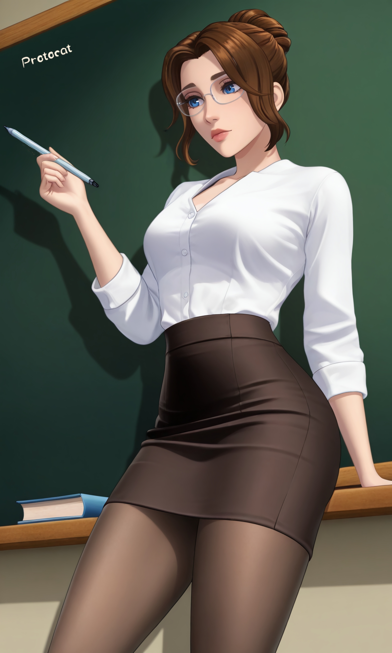1girls, ai generated, alternate hairstyle, black legwear, blue eyes, brown hair, brunette hair, classroom, dispatch (game), female, fully clothed, glasses, hair bun, legwear, light skin, light-skinned female, mandy (dispatch), medium ass, medium breasts, pantyhose, pencil skirt, protocat, shirt, sidelocks, skirt, slim, slim waist, solo, solo female, stockings, teacher, teacher outfit