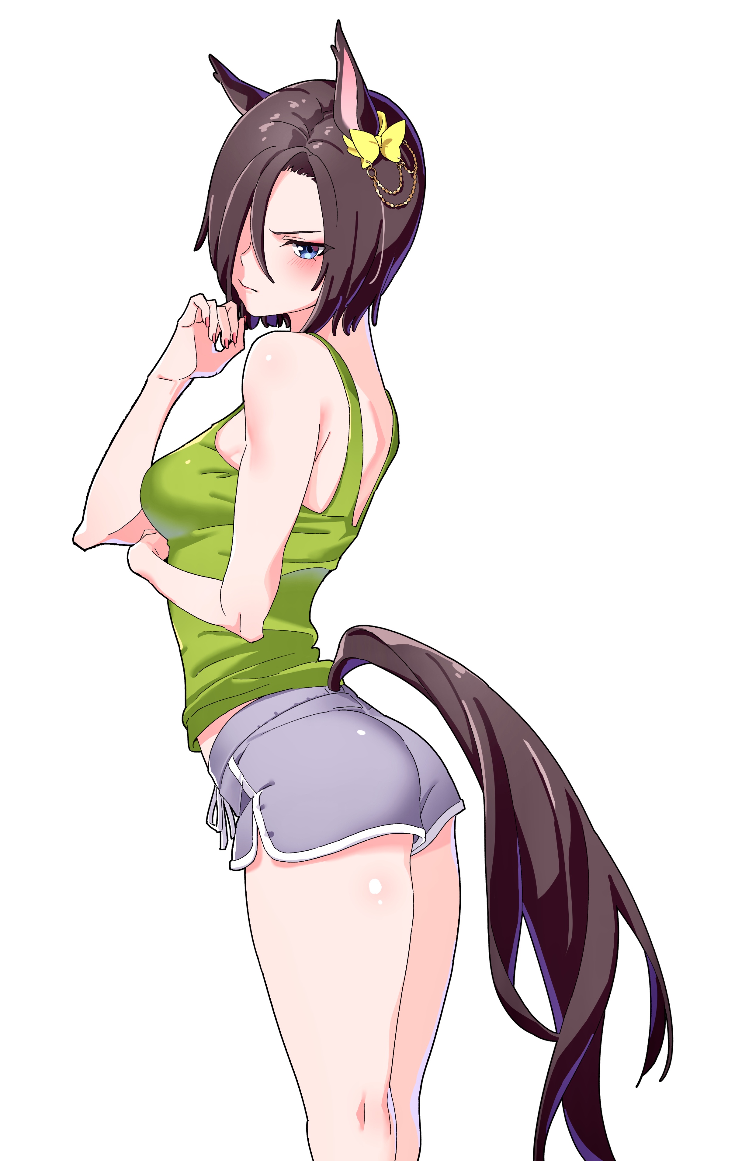 air groove (umamusume), angry, annoyed, blue eyes, blush, brown hair, female, female only, gym shorts, hair ornament, hair over one eye, hair ribbon, horse ears, horse girl, horse tail, kemonomimi, looking at viewer, looking back, medium breasts, nail polish, painted fingernails, painted nails, sarabure, shirts, short hair, short shorts, shorts, solo, tank top, umamusume, umamusume pretty derby
