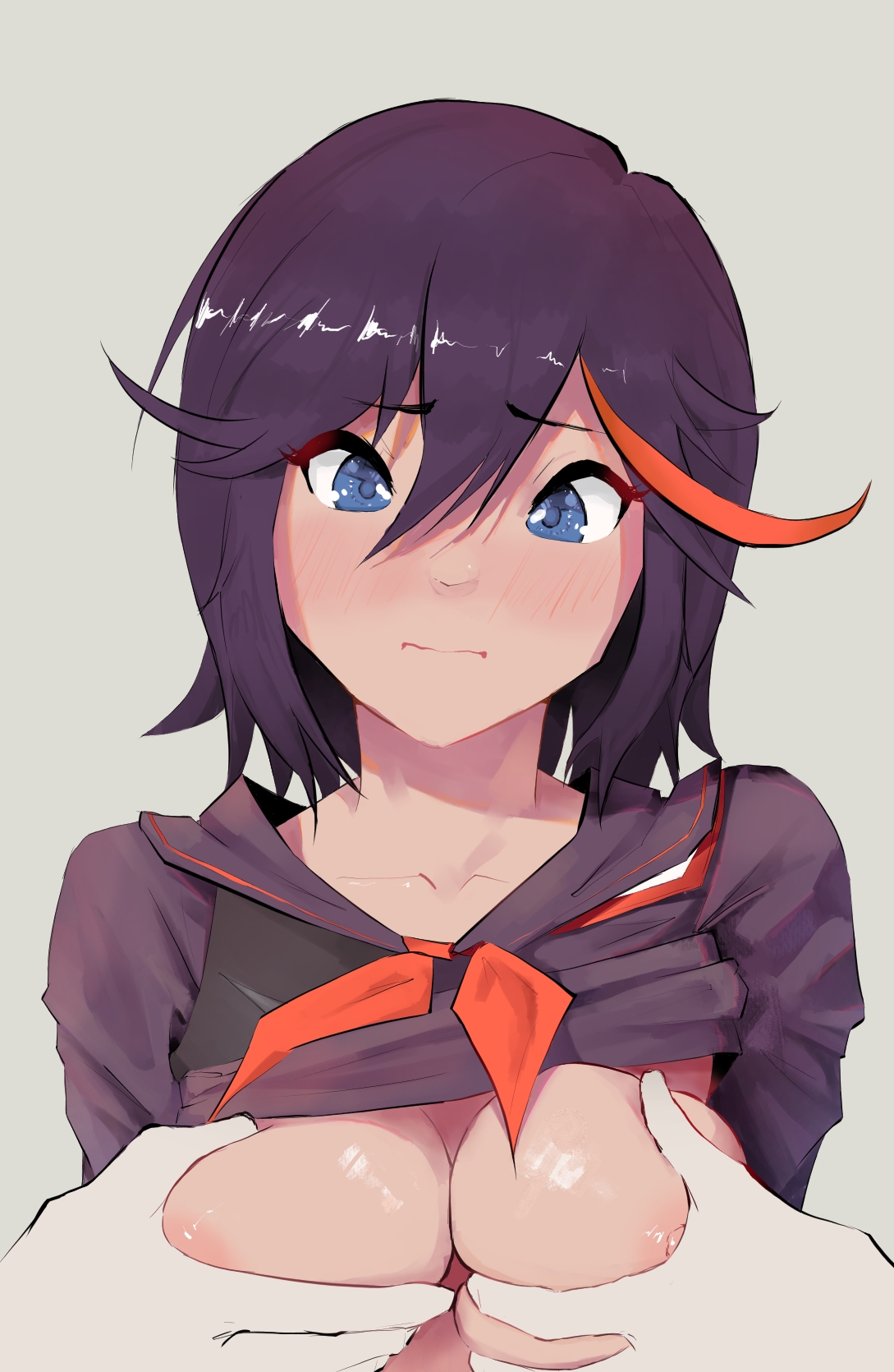 1boy, 1girls, 1other, black hair, black-haired female, blue eyes, breast grab, breasts, dress lift, female, grabbing, grabbing breasts, grabbing from behind, human, human female, hwuux, kill la kill, large breasts, light-skinned female, looking down, matoi ryuuko, nipples, teenager