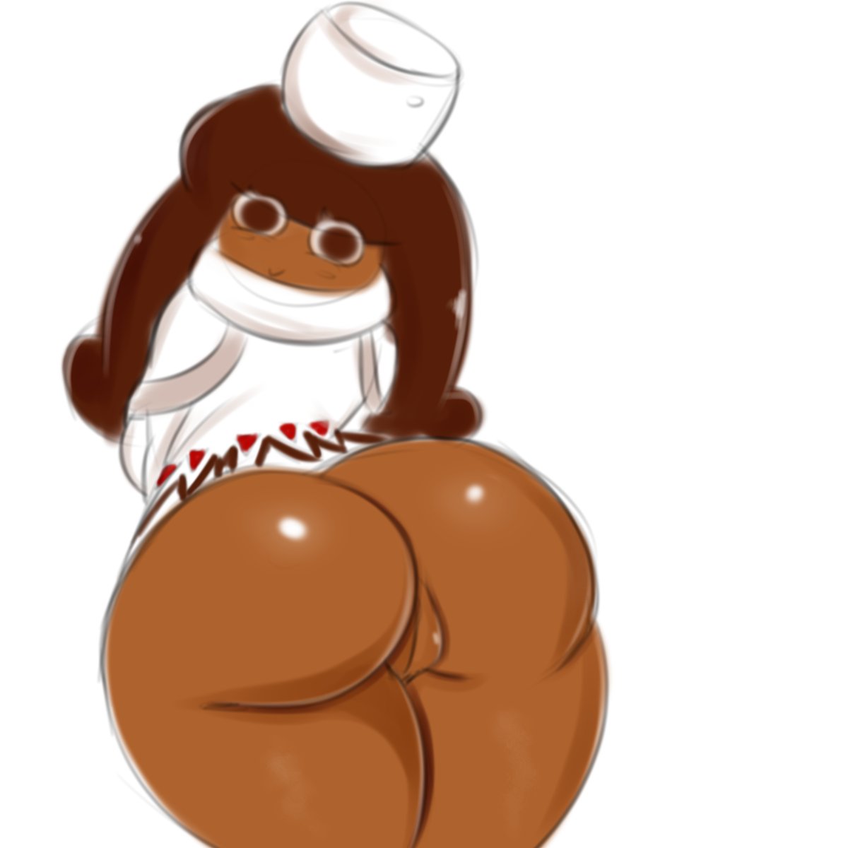 2017 ass big_butt brown_skin clothing cocoa_cookie cookie_run cookie_run_kingdom cookie_run_ovenbreak cookiephilia eyelashes female hot_chocolate humanoid looking_at_viewer marshmallow mob_face mysticaldark mysticalheroofdarkness purpuradark pussy rear_view simple_background solo sweater thick_thighs white_background wide_hips