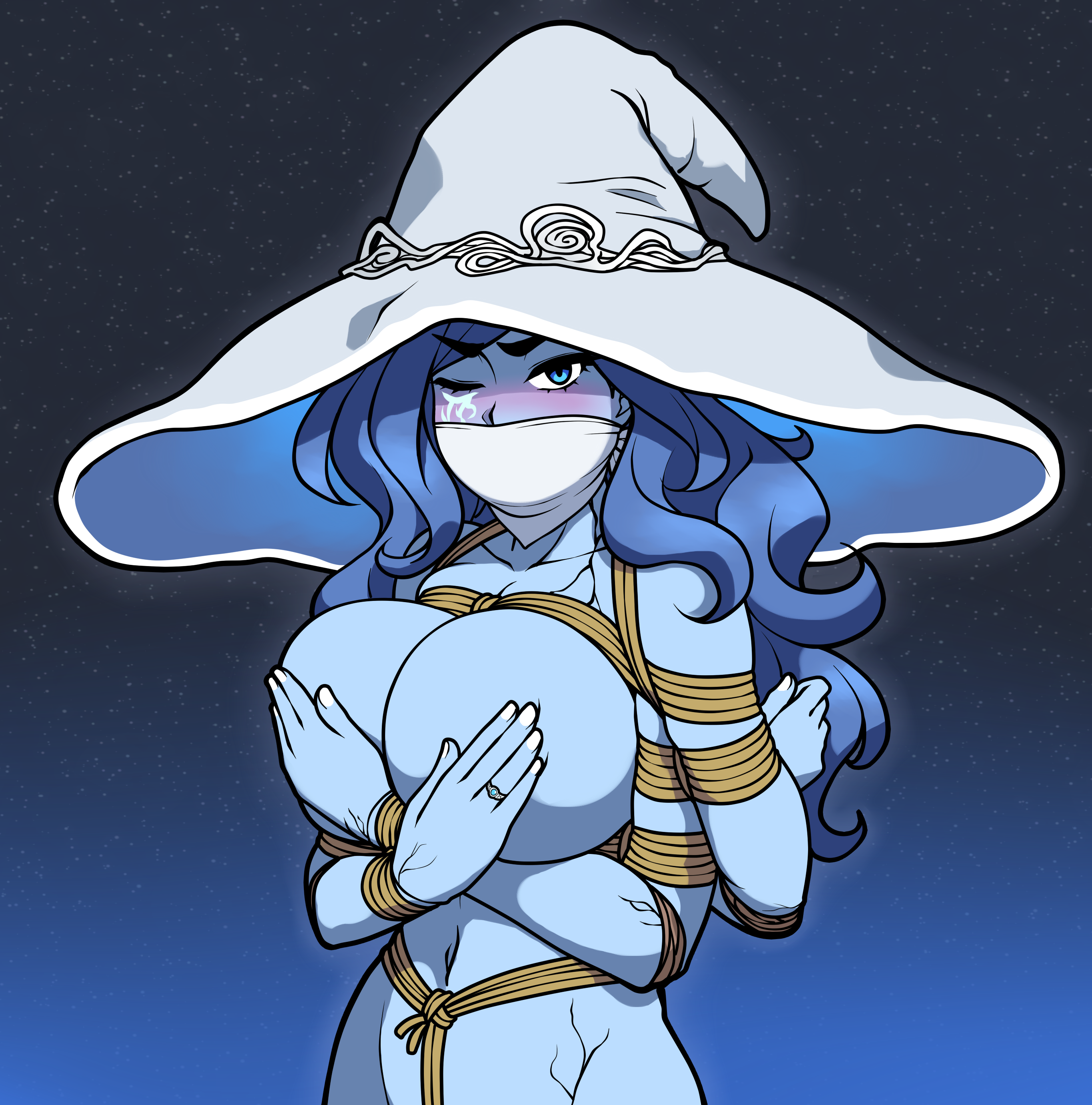 arms tied, big breasts, blue eyes, blue hair, blue skin, bondage, bound, elden ring, female only, fromsoftware, gagged, gagged female, hair, hat only, jam-orbital, naked female, ranni the witch, rope, rope belt, rope bondage, witch hat