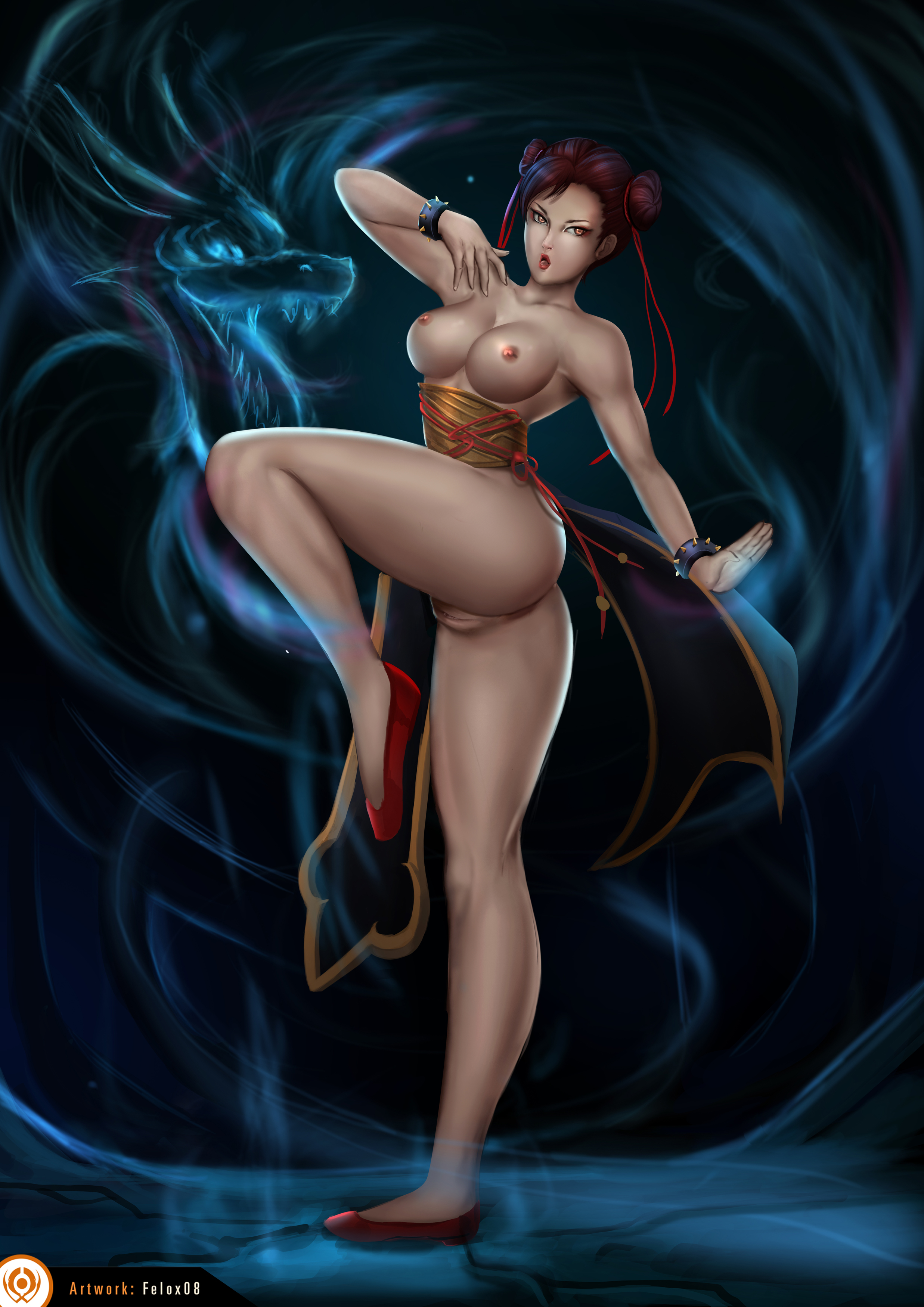 1girls, alternate costume, asian, ass, bare shoulders, bracelet, breasts, brown eyes, brown hair, capcom, chun-li, feet, felox08, female, female only, hair bun, hips, large breasts, legs, long hair, nipples, pussy, shoes, sideboob, solo, spiked bracelet, street fighter, tagme, thighs, vagina