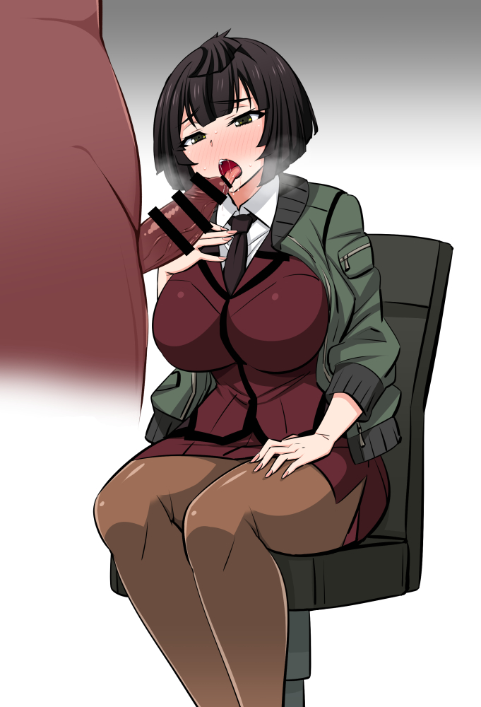 active_raid amano_madoka_(active_raid) bar_censor black_hair breasts censored coat fellatio female green_eyes necktie nude open_mouth pantyhose penis saliva short_hair skirt tongue