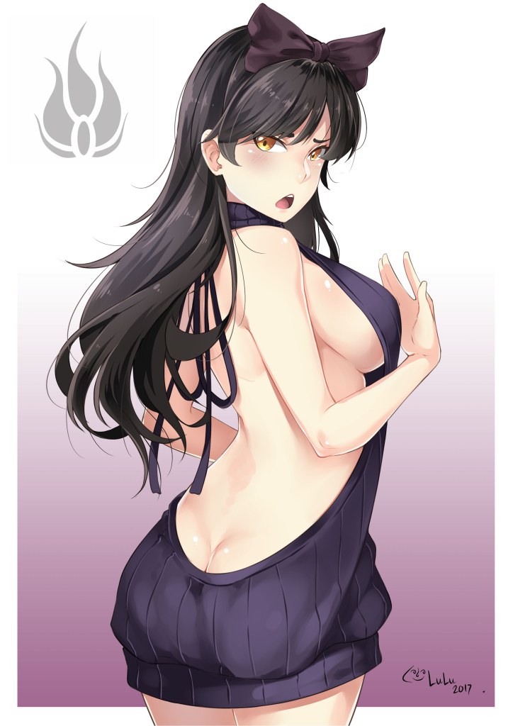 1girls, ass, ass cleavage, ass crack, backless outfit, bare back, bare shoulders, black hair, black sweater, blake belladonna, blush, bow, breasts, butt crack, cowboy shot, dress, emblem, female, female only, gradient, gradient background, hair ribbon, hairbow, halterneck, large breasts, long hair, looking at viewer, looking back, lulu-chan92, meme attire, naked sweater, no underwear, open mouth, open-back dress, rwby, sideboob, solo, sweater, sweater dress, turtleneck, virgin killer sweater, yellow eyes
