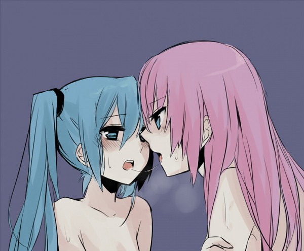 2girls, aqua eyes, aqua hair, blue eyes, blush, breath, dark background, drooling, duo, ecchi, fanart, female, female focus, female only, hatsune miku, kissing, long hair, looking at another, making out, megurine luka, multiple girls, naked female, nude, open mouth, pink hair, pixiv, saliva, saliva string, saliva trail, simple background, straight hair, sweat, teal hair, tongue kiss, twintails, two girls, vocaloid, yuri