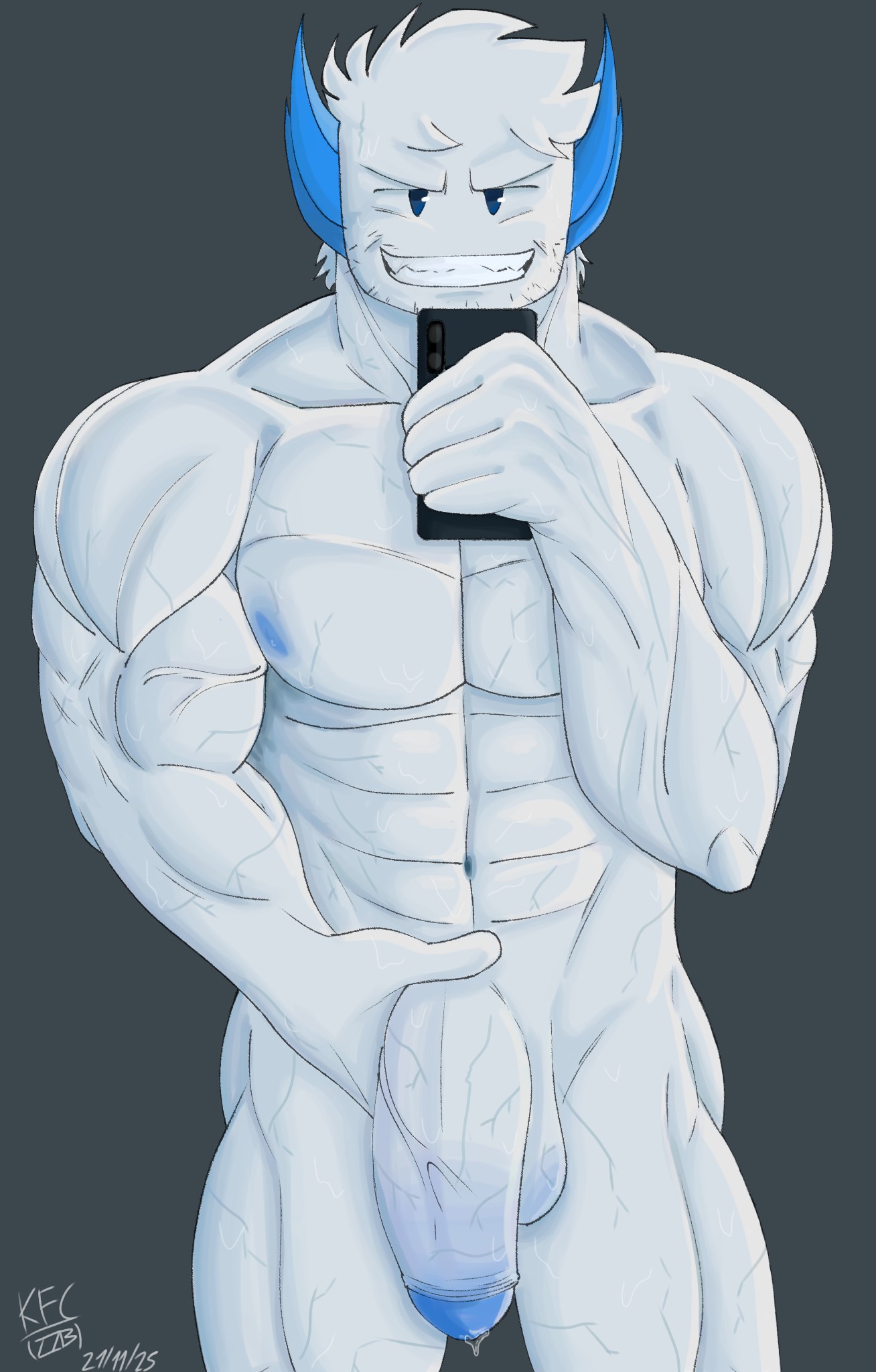 abs, big muscles, big pecs, big penis, blue eyes, blue horns, bodybuilder, digital media (artwork), genitals, grabbing own penis, hair, holding object, holding phone, horns, kapifunnycat, large penis, looking at viewer, male, male only, moobs, muscles, muscular, muscular arms, muscular chest, muscular male, naked, naked male, nipples, phighting, phone, roblox, roblox game, robloxian, self upload, showing penis, showing teeth, simple background, smirk, solo, spiky teeth, standing, sweat, sweating, taking picture, teeth, vein, veins, veiny, veiny muscles, veiny penis, watermark, white skin, young zuka (phighting), zuka (phighting)