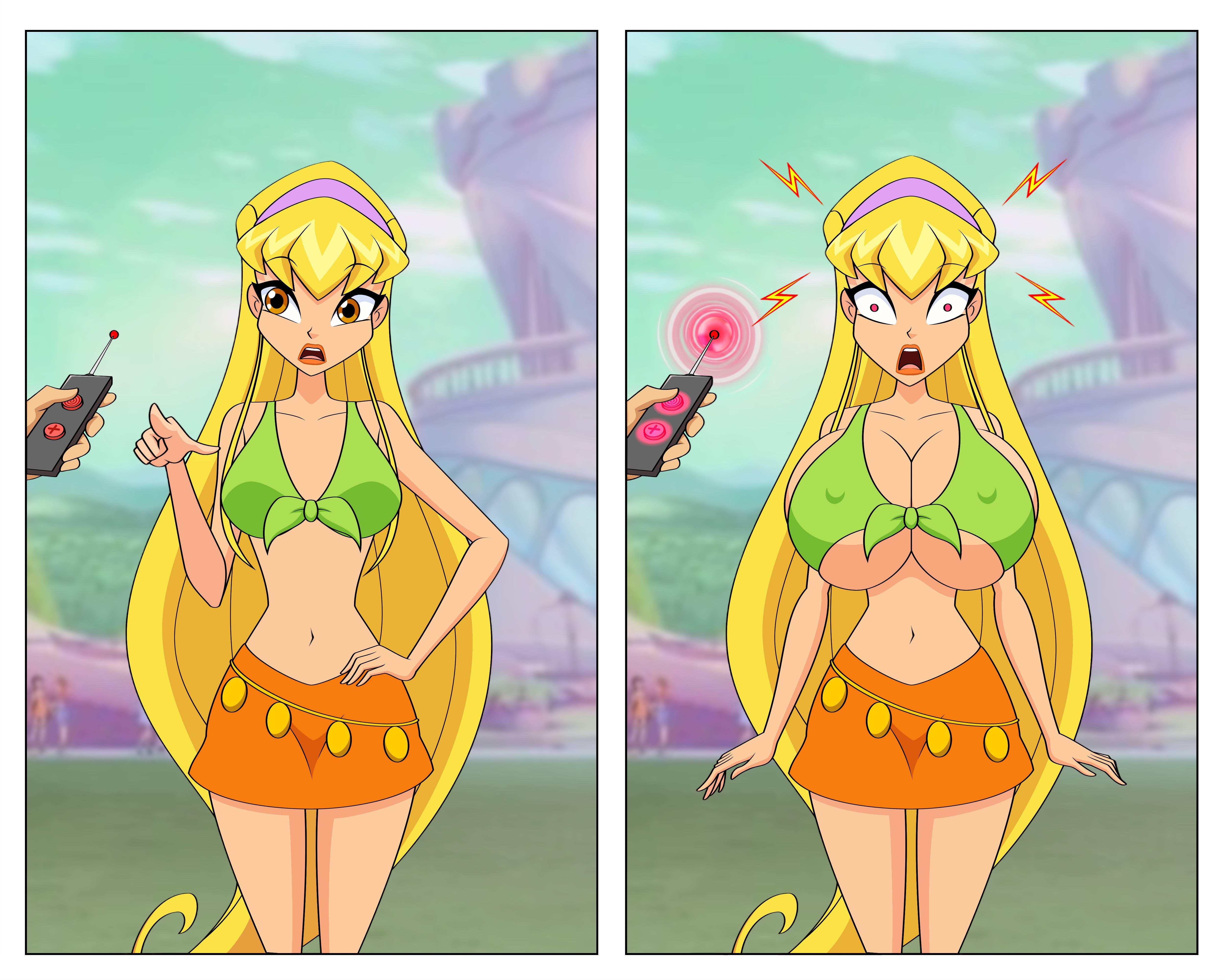 big breasts, breast expansion, breasts, brown eyes, femsub, huge breasts, human, human only, hypnosis, jimryu, jpeg, large breasts, no wings, orange lipstick, red eyes, remote control, skirt, stella (winx club), winx club