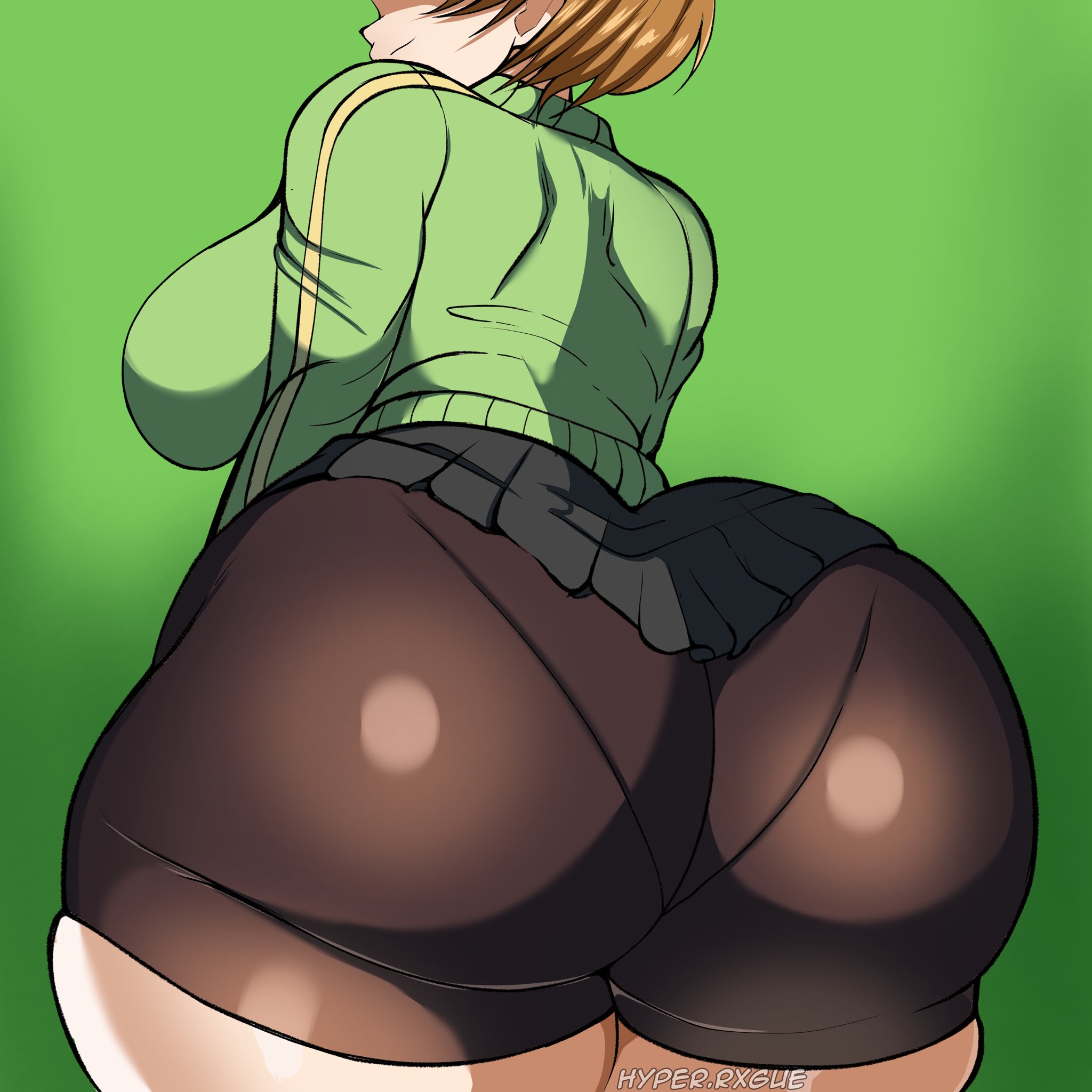 1girls, ass, big ass, bike shorts, bottom heavy, breasts, brown hair, bubble butt, clothing, fat ass, female, female only, gluteal fold, huge ass, hyperrxgue, jacket, large ass, looking at viewer, looking back, massive ass, pantylines, persona, persona 4, satonaka chie, short hair, shorts, solo, spats, thick ass, thick thighs, thunder thighs, wide hips