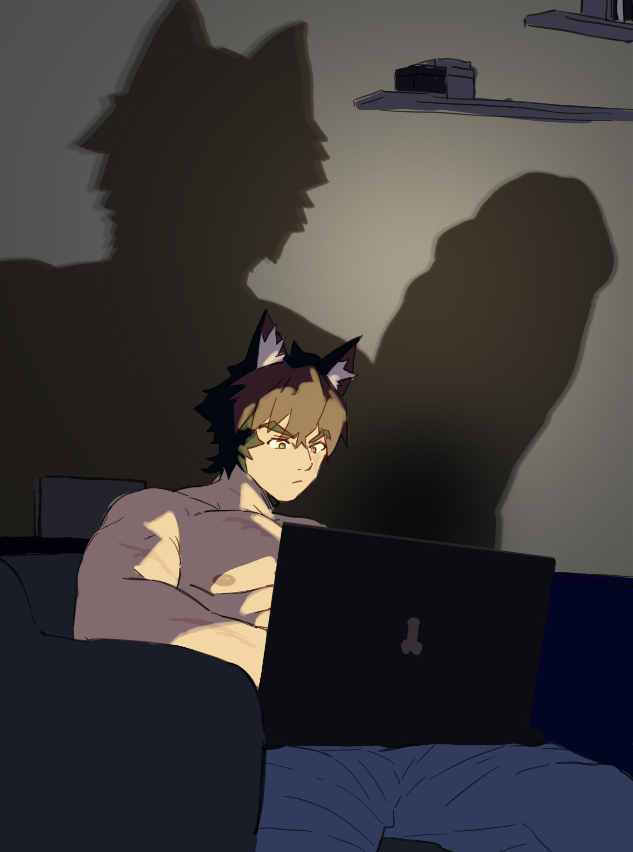 1boy, ahrstudio, animal ears, biceps, boner, clothed, dark ambience, erection, genitals, komano manato, laptop, lights off, male, male focus, male only, manly, nipples, pants, pecs, penis, penis shadow, retracted foreskin, scar, scars, scars all over, serious, shadow, silhouette, sitting, sitting on sofa, solo, solo male, topless, uncut, zenless zone zero