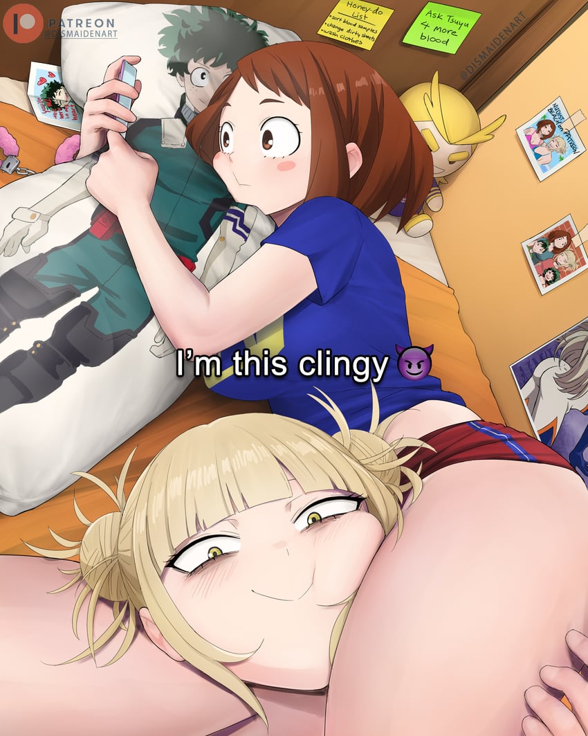 2girls, bed, bedroom, blonde hair, blonde-haired female, body pillow, bodypillow, boku no hero academia, brown eyes, brown hair, brown-haired female, dakimakura, dismaiden, female, female only, himiko toga, im this clingy (meme), izuku midoriya, laying down, laying on back, laying on bed, looking at viewer, meme, midoriya izuku, multiple girls, my hero academia, no visible genitalia, ochako uraraka, on bed, sfw, shorts, smile, thighs, toga himiko, uraraka ochaco, uraraka ochako, yellow eyes, yuri