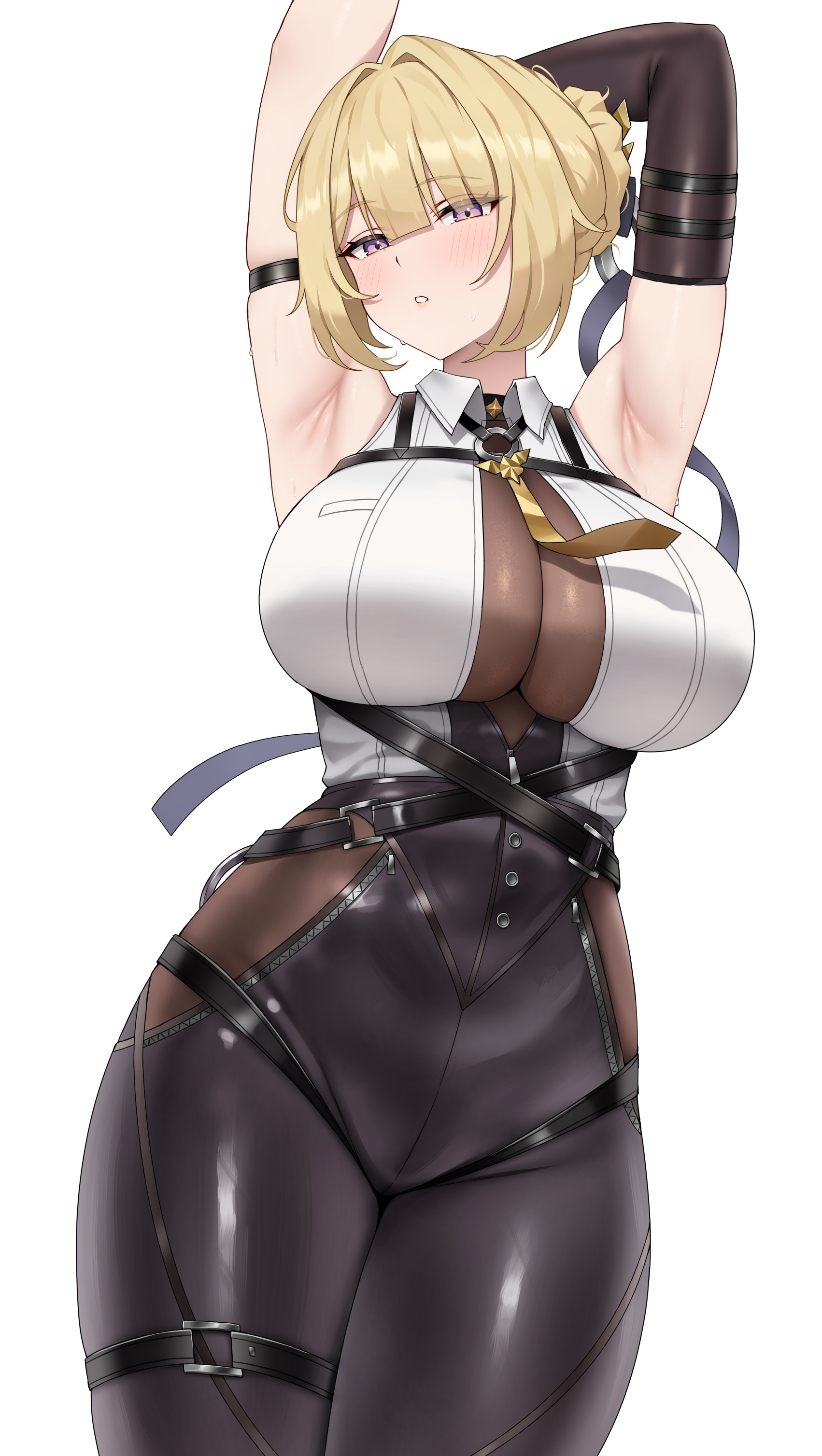 armpits, bangs, belt, blonde hair, blush, breasts, evelyn chevalier, eyebrows visible through hair, female, gloves, looking at viewer, necktie, purple eyes, shirt, short hair, skindentation, sleeveless, sleeveless shirt, solo, white shirt