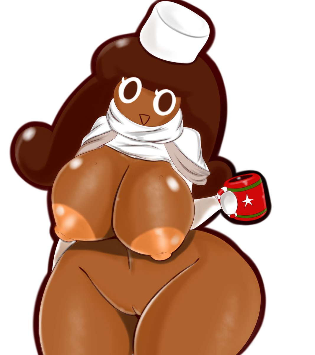 2017 big_breasts breasts brown_skin clothing clothing_lift cocoa_cookie cookie_run cookie_run_kingdom cookie_run_ovenbreak cookiephilia cup eyelashes female hair hot_chocolate humanoid looking_at_viewer marshmallow mob_face mysticaldark mysticalheroofdarkness nipples open_mouth purpuradark simple_background solo sweater thick_thighs white_background wide_hips