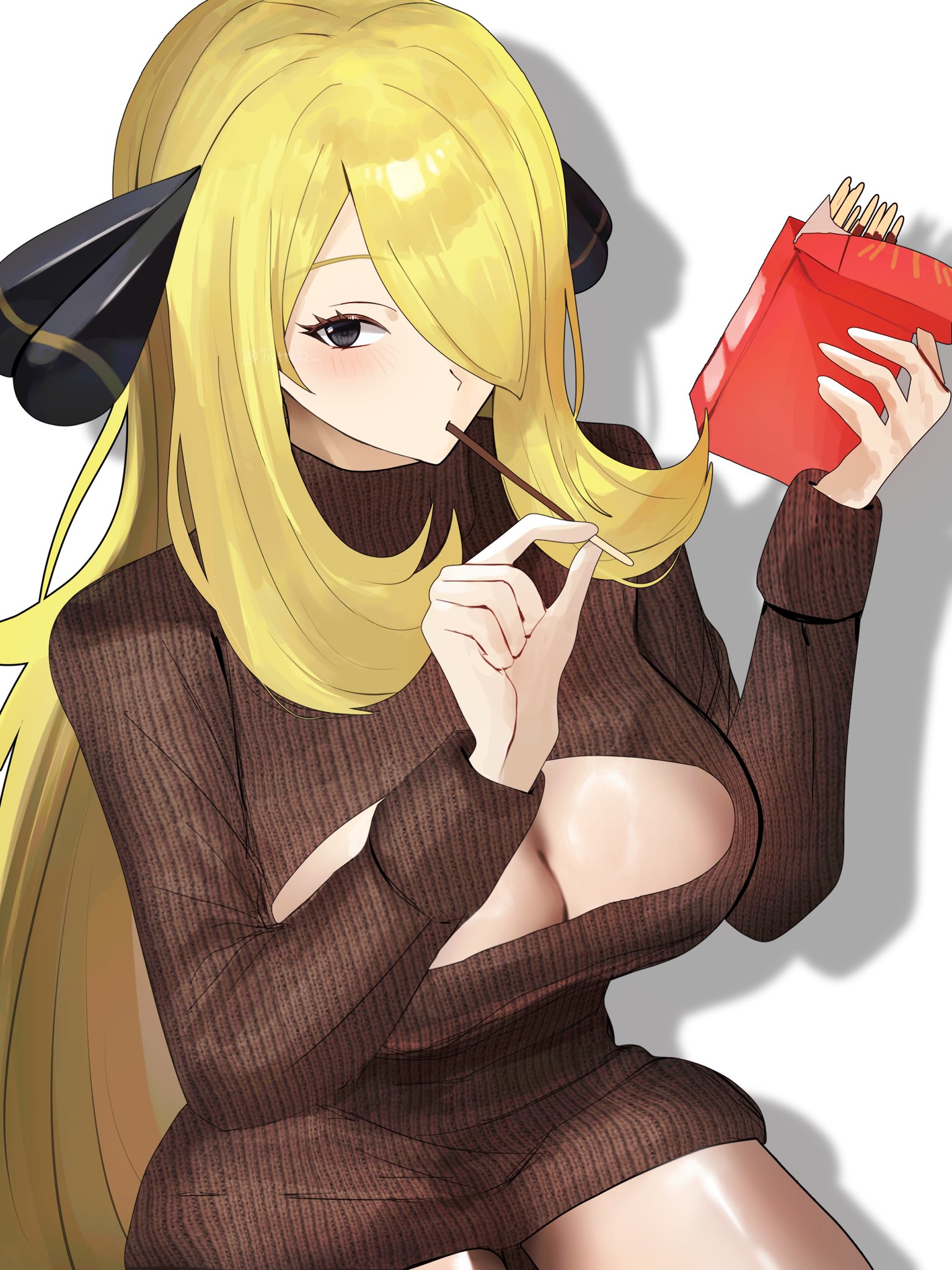 black eyes, blonde hair, blush, brown sweater, cleavage cutout, clothing cutout, cynthia (pokemon), female, female only, food, food in mouth, hair ornament, hashtag-only commentary, highres, holding, holding food, holding pocky, long hair, nintendo, pocky, pocky day, pocky in mouth, pokemon, pokemon dppt, solo, sweater, tyotto22, very long hair