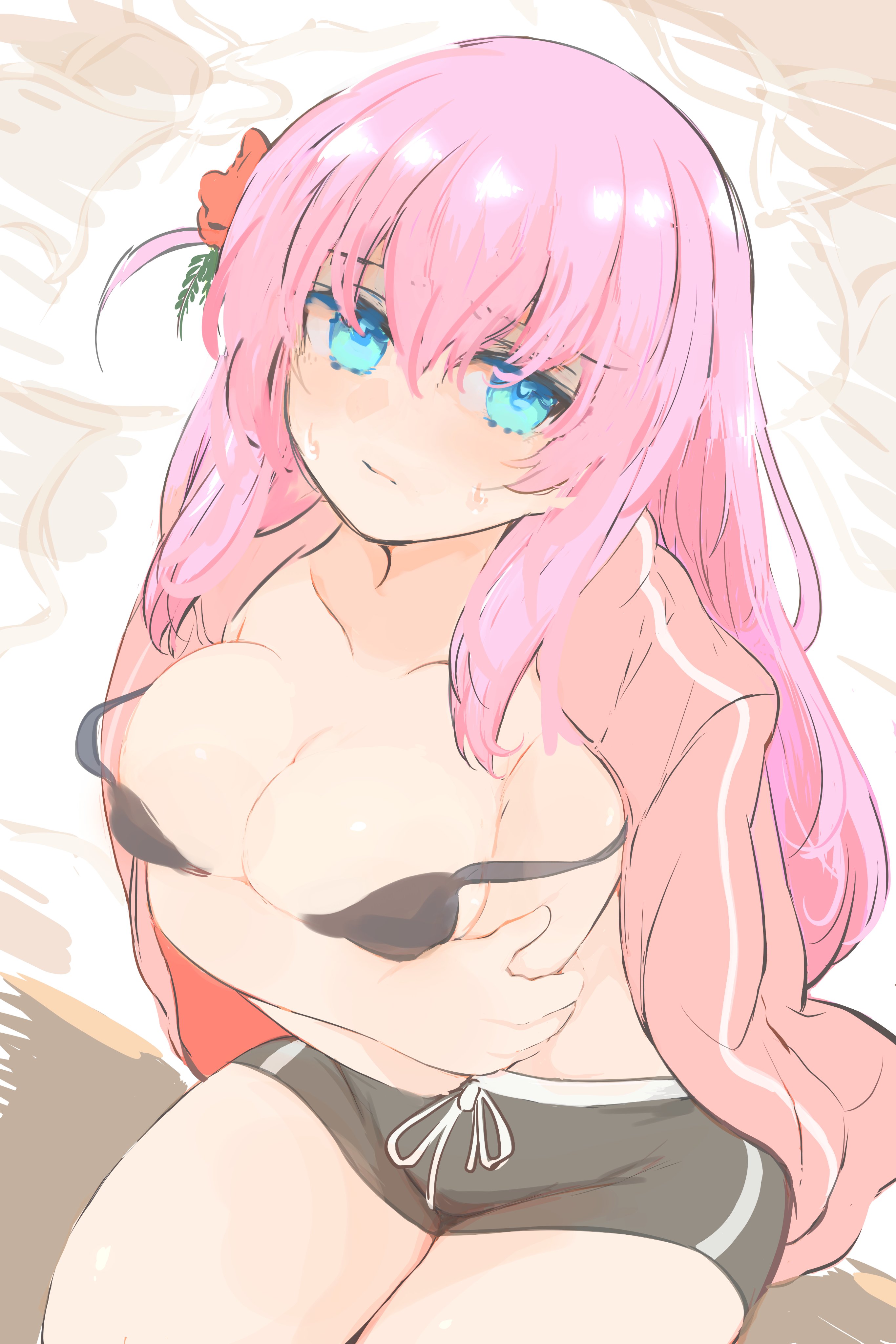 bikini, black shorts, blush, bocchi the rock!, covering breasts, embarrassed, exposed breasts, gotou hitori, large breasts, looking at viewer, open jacket, short shorts, shy, sweatdrop, track jacket, wardrobe malfunction, worried