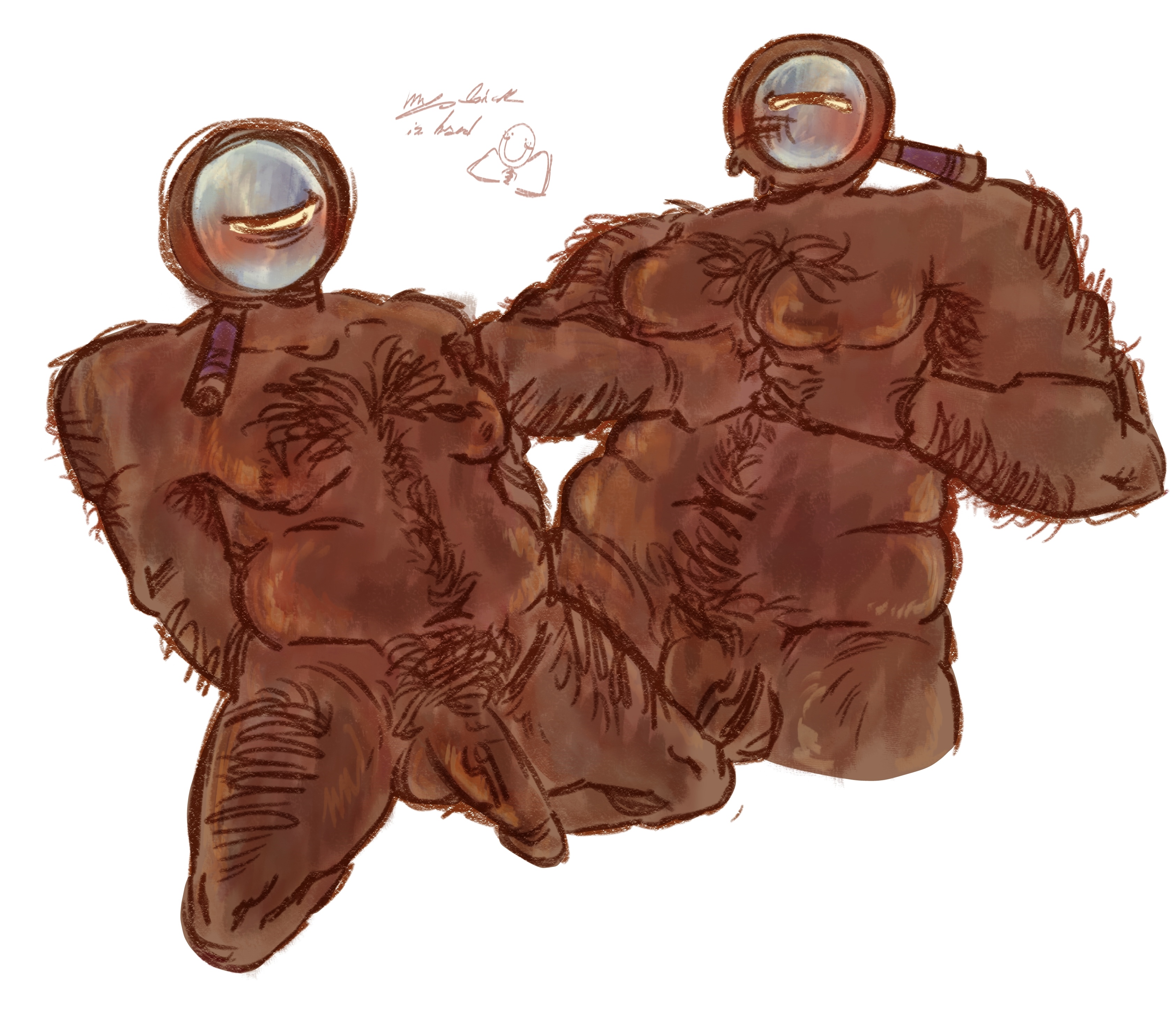 blush, chubby male, dandy's world, hairy male, hands behind back, moob grab, moobs, object head, rodger (dandy's world), tagme