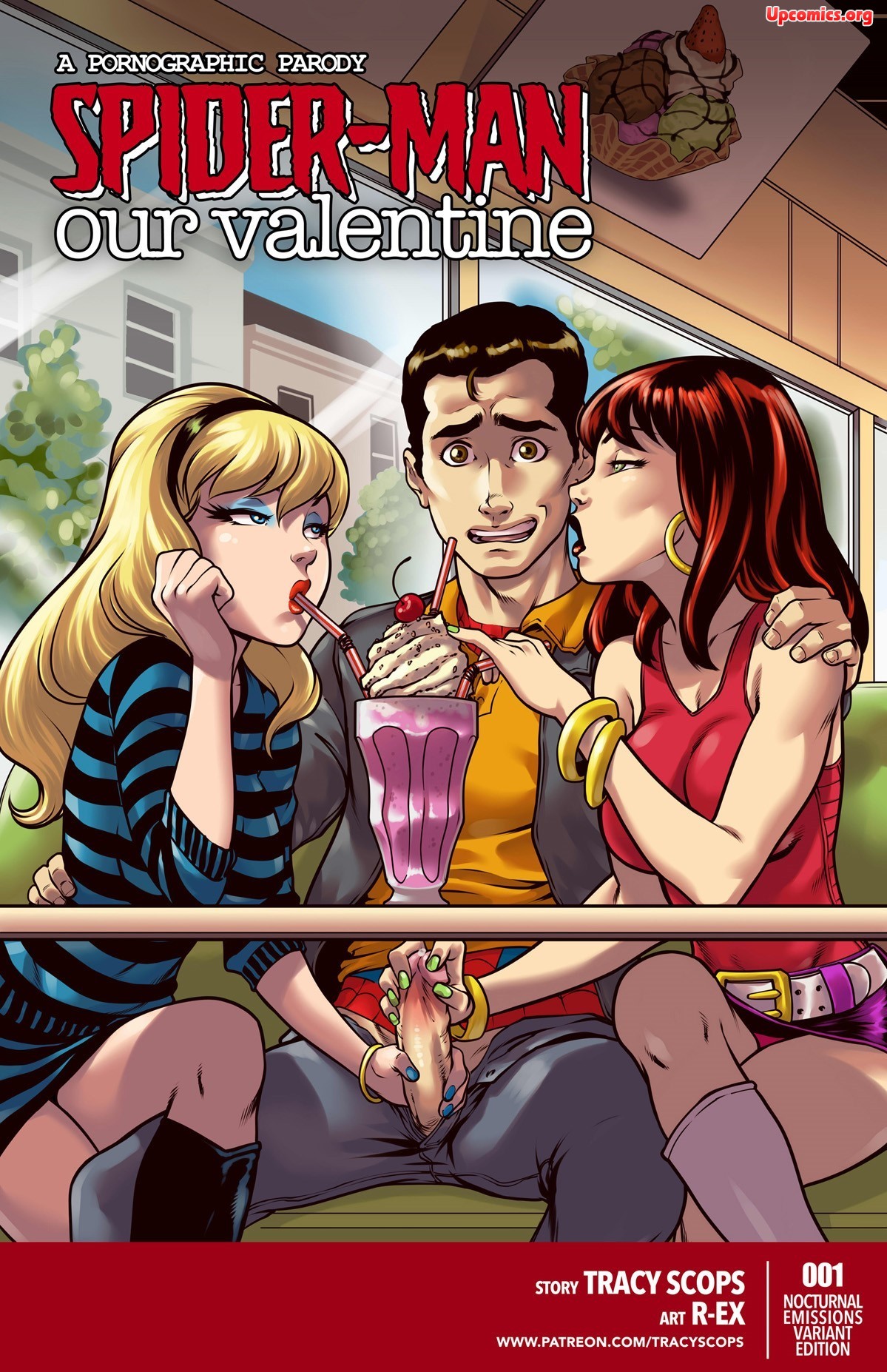 1boy, 2girls, assertive, bangs, belt, beltskirt, blonde hair, blue eyes, blue nails, boots, bracelet, breasts, brown eyes, brown hair, building, canon couple, city, clothed, clothing, collaborative handjob, comic, comics, costume, cover, curvy, date, dinner date, double handjob, drinking, duo handjob, ear piercing, earrings, exposed, exposed penis, eyelashes, eyeshadow, female, green eyes, green nails, gwen stacy, gwen stacy (classic), hair, hairband, half-closed eyes, hand on hip, hand on penis, hand on shoulder, handjob, headband, hero, high heel boots, highres, hoop earrings, horny, human, human only, ice cream, jacking off, jacking off another, large breasts, light skin, light-skinned female, light-skinned male, lips, lipstick, long hair, long nails, looking at viewer, makeup, male, male/female, male/female/female, marvel, marvel comics, mary jane watson, milkshake, multiple females, multiple girls, nail polish, nervous, panties, pants, penis, penis out, peter parker, piercing, pink skirt, public, public exposure, r ex, red hair, red lips, red lipstick, restaurant, seductive, seductive look, shoes, short hair, sitting, skirt, sky, spider-man, spider-man (series), stealth, stealth fingering, stealth handjob, straight, straight hair, straw, superhero, surprised, teamwork, text, tracyscops, trio, twin handjob, under the table, underwear, valentine's day, whipped cream, window, worried