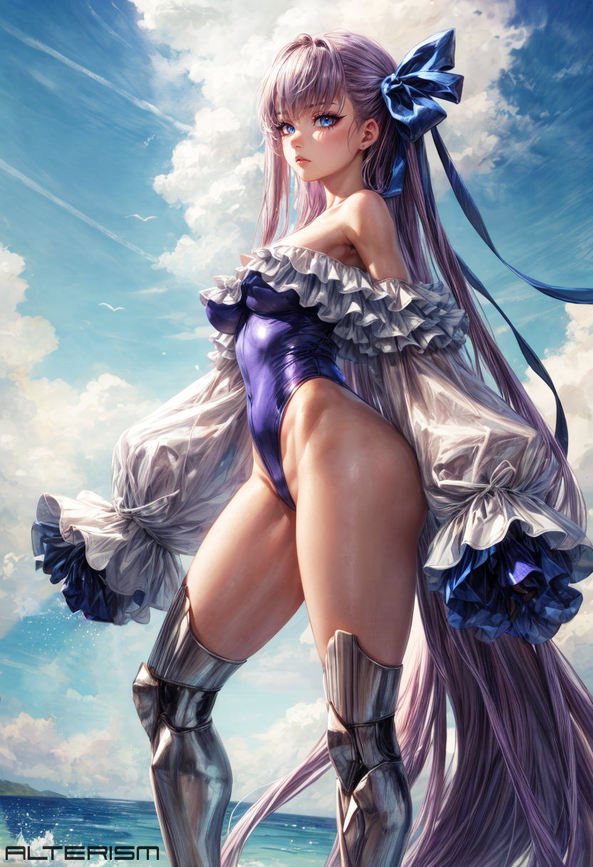 1girls ai_generated alterism ass blue_eyes breasts fate/extra_ccc fate/grand_order fate_(series) highleg_leotard leotard long_hair looking_at_viewer meltlilith meltryllis meltryllis_(swimsuit_lancer)_(fate) one_piece_swimsuit puffy_sleeves purple_hair stable_diffusion standing thick_thighs wide_hips