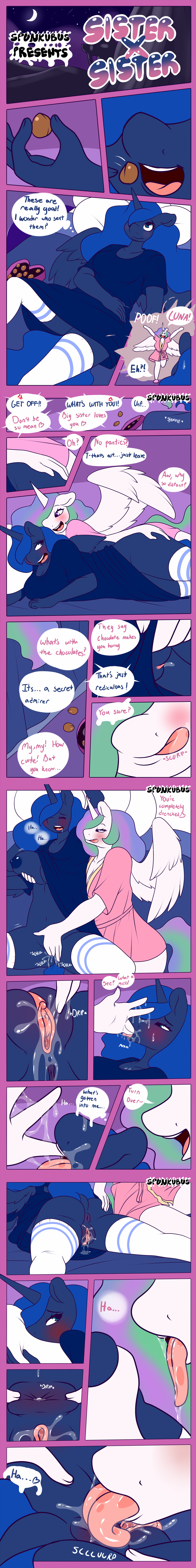 anal anus candy chocolate clothing comic dialogue fingering food friendship_is_magic legwear licking my_little_pony open_mouth oral princess_celestia_(mlp) princess_luna_(mlp) pussy rimming robe sex spunkubus stockings tongue tongue_out