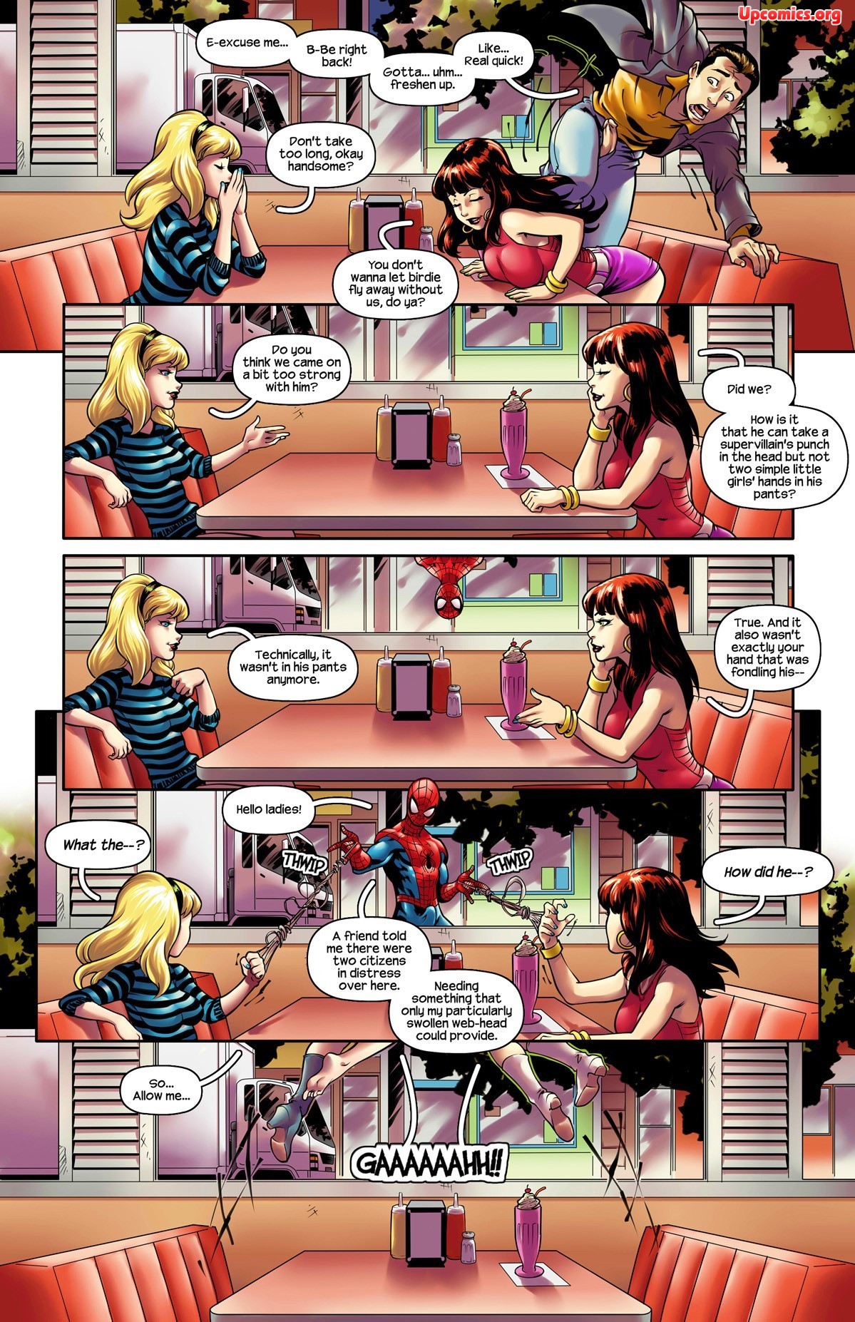 ass, belt, black hair, blonde hair, blue eyes, bodysuit, boots, breasts, brown hair, comic, cover, earrings, english text, female, food, green eyes, gwen stacy, gwen stacy (classic), hairband, high heel boots, highres, jewelry, large breasts, long hair, male, marvel, marvel comics, mary jane watson, multiple boys, multiple females, multiple girls, multiple males, nail polish, panties, penis, peter parker, r ex, red hair, short hair, skirt, spider-man, spider-man (series), straight hair, text, tracyscops, underwear
