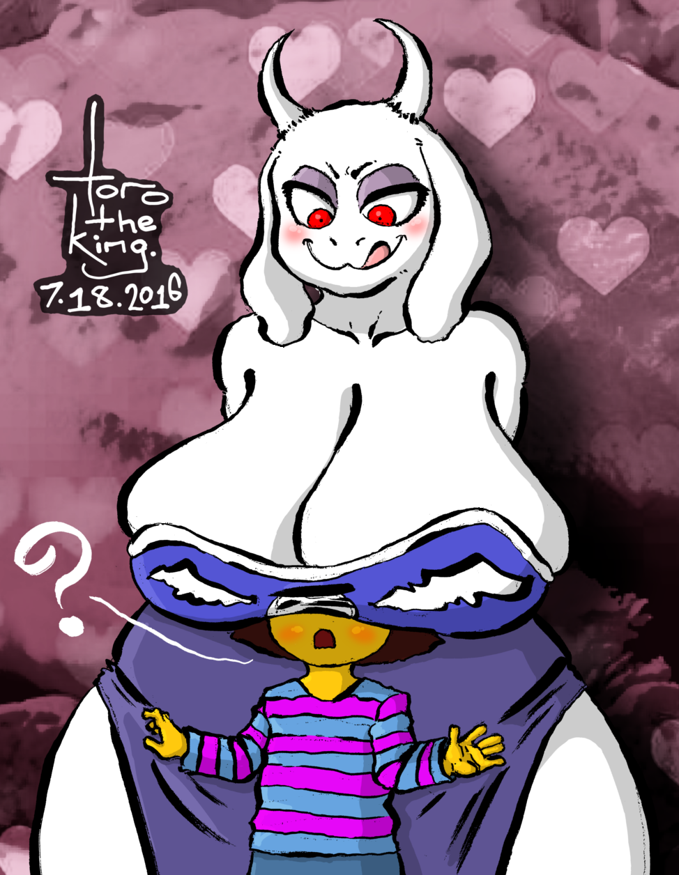 1boy 1girls 2016 ? age_difference big_breasts blue_sweater breasts cleavage clothes date dress eyeshadow frisk furry goat horns huge_breasts human interspecies makeup milf pants red_eyes shirt signature size_difference smile standing straight text thick_thighs tongue tongue_out toriel torotheking undertale video_games white_fur wide_hips yellow_skin