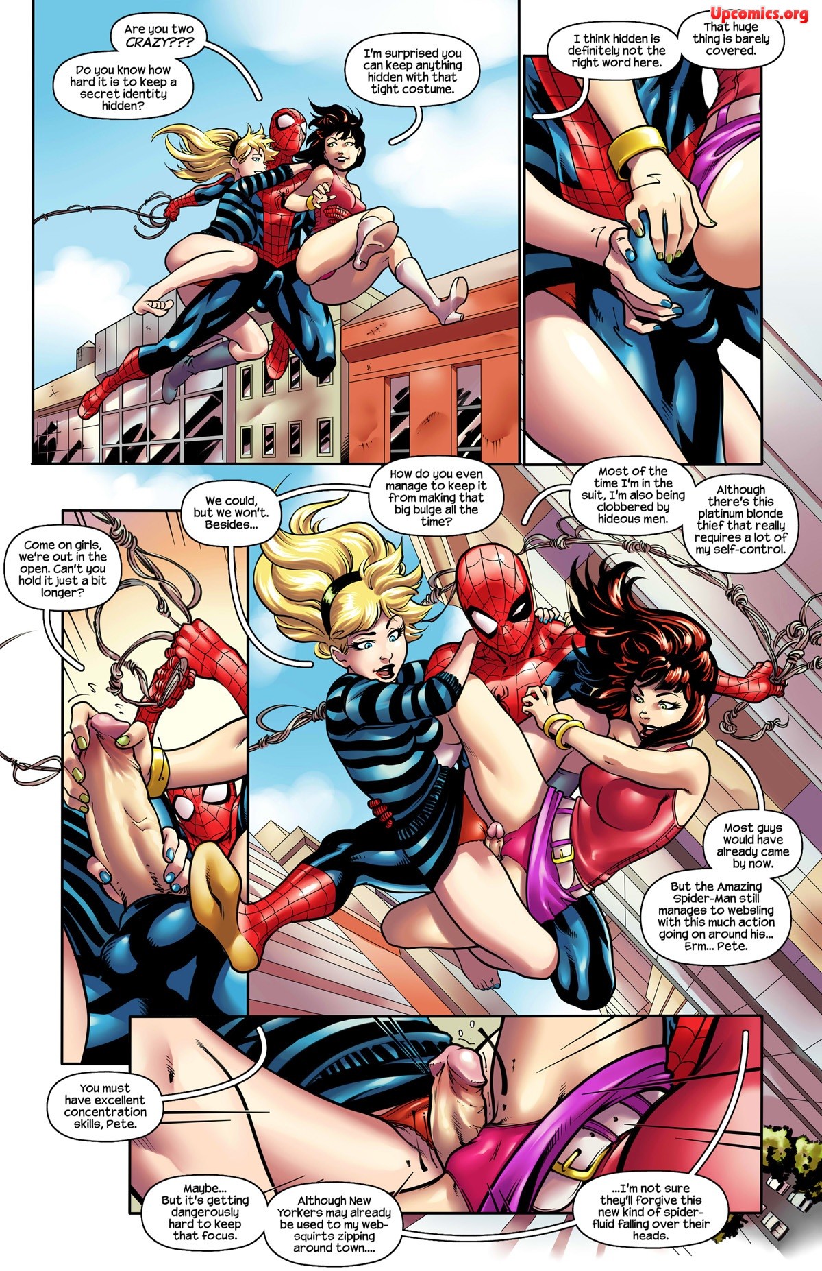 2girls, ass, barefoot, beltskirt, black hair, blonde hair, blue eyes, boots, breasts, brown hair, comic, cover, double tribadism on penis, earrings, english text, female, ffm threesome, food, green eyes, gwen stacy, gwen stacy (classic), hairband, high heel boots, highres, jewelry, large breasts, long hair, male, marvel, marvel comics, mary jane watson, multiple boys, multiple females, multiple girls, multiple males, nail polish, panties, penis, peter parker, pink panties, pink skirt, r ex, red hair, short hair, skirt, spider-man, spider-man (series), spread legs, straight hair, text, thong, tracyscops, tribadism on penis, underwear, upskirt