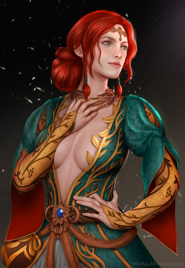 cd_projekt_red female green_eyes hair_bun jewelry red_hair solo the_witcher the_witcher_(series) the_witcher_2 the_witcher_3:_wild_hunt triss_merigold ynorka