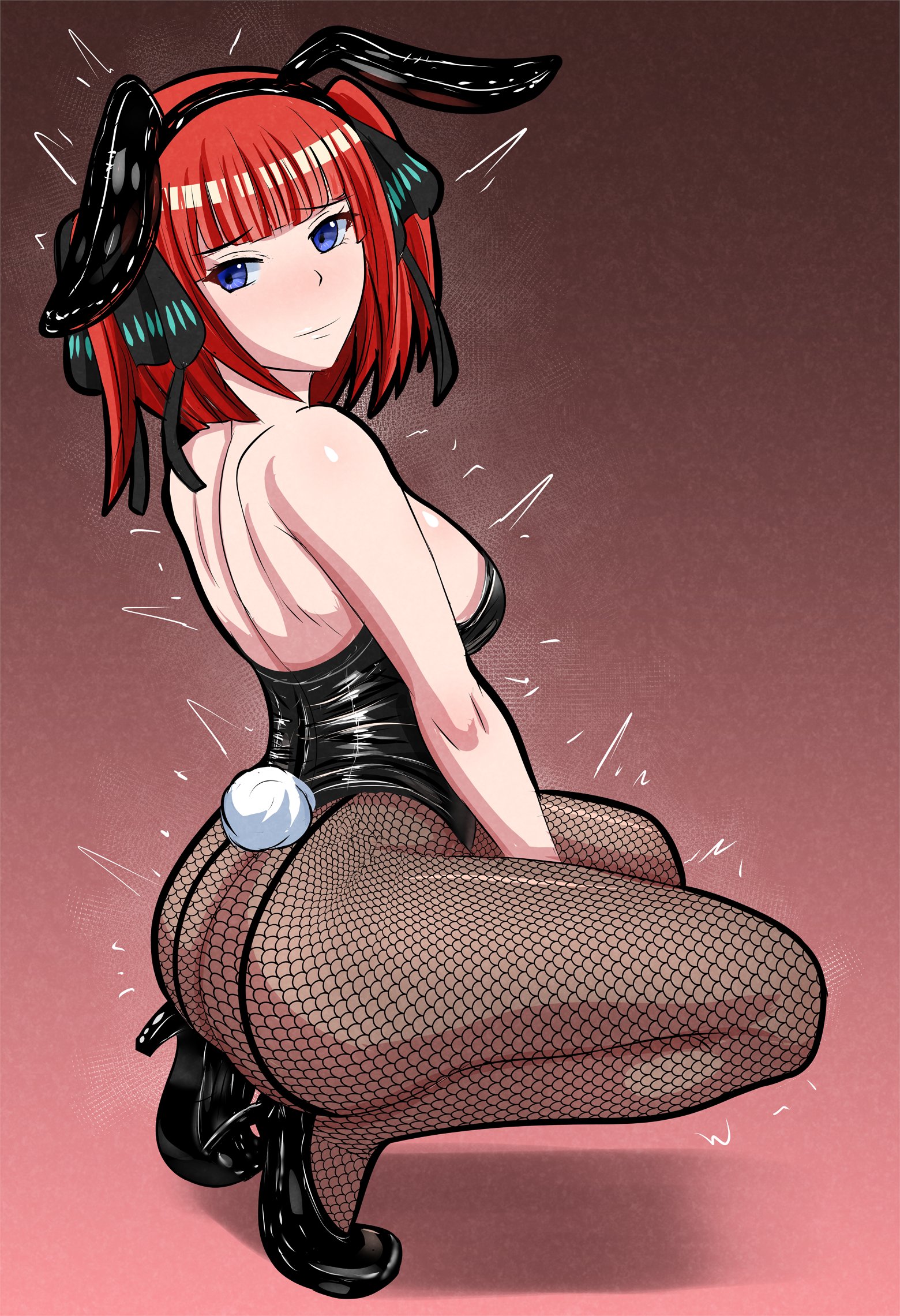 1girls, ass, bunnysuit, female, female only, fishnets, fuzzlogik, go-toubun no hanayome, light-skinned female, nakano nino, orange hair, quintessential quintuplets