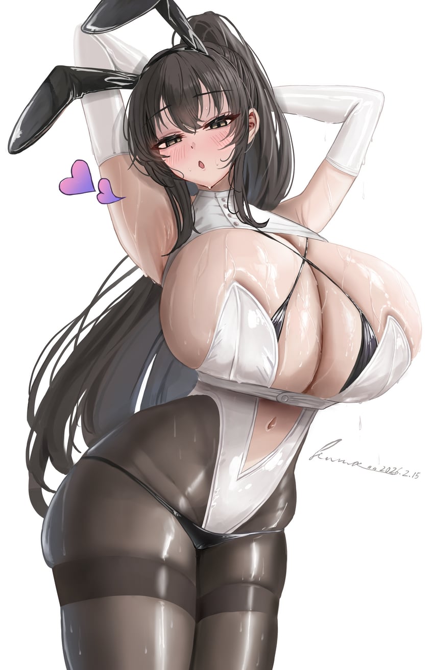 1girls :o anti_kumo_(maeken_1021) armpits artist_name artist_signature black_eyes black_hair blush breasts bunnysuit cleavage elbow_gloves gloves heart highres huge_breasts large_breasts leotard long_hair navel one_arm_up original panties panties_over_pantyhose pantyhose playboy_bunny rabbit_ears solo white_background white_gloves white_leotard