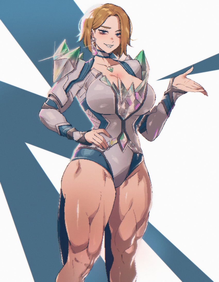 1girls absurd_res blonde_hair blue_eyes blue_lipstick blue_nails breasts chest_jewel choker cleavage cleavage_cutout diamond_(gem) emma_frost emma_frost_(marvel_rivals) hand_on_hip highres huge_breasts large_breasts leotard lipstick looking_at_viewer marvel marvel_rivals multicolored_background muscular muscular_female muscular_thighs quads short_hair simple_background spoiledmuffin thick_thighs thighs white_background white_choker x-men