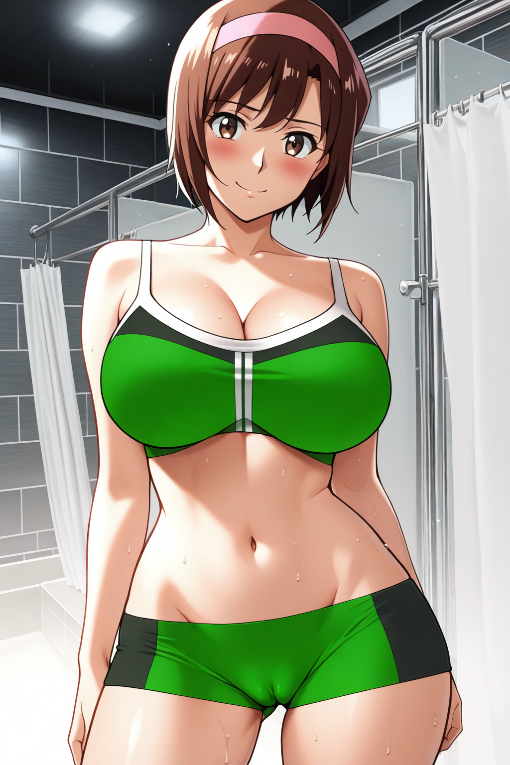 1girl ai-created ai_generated ass_visible_through_thighs bare_arms bare_shoulders blush breasts brown_eyes brown_hair cameltoe cleavage closed_mouth collarbone contrapposto devilman female female_only green_bra green_shorts green_sports_bra groin hairband indoors large_breasts looking_at_viewer midriff miki_makimura navel pink_hairband pixiv rena_aikawa_(pixiv_user) short_hair short_shorts shorts smile solo sports_bra stable_diffusion standing stomach sweat thighs window