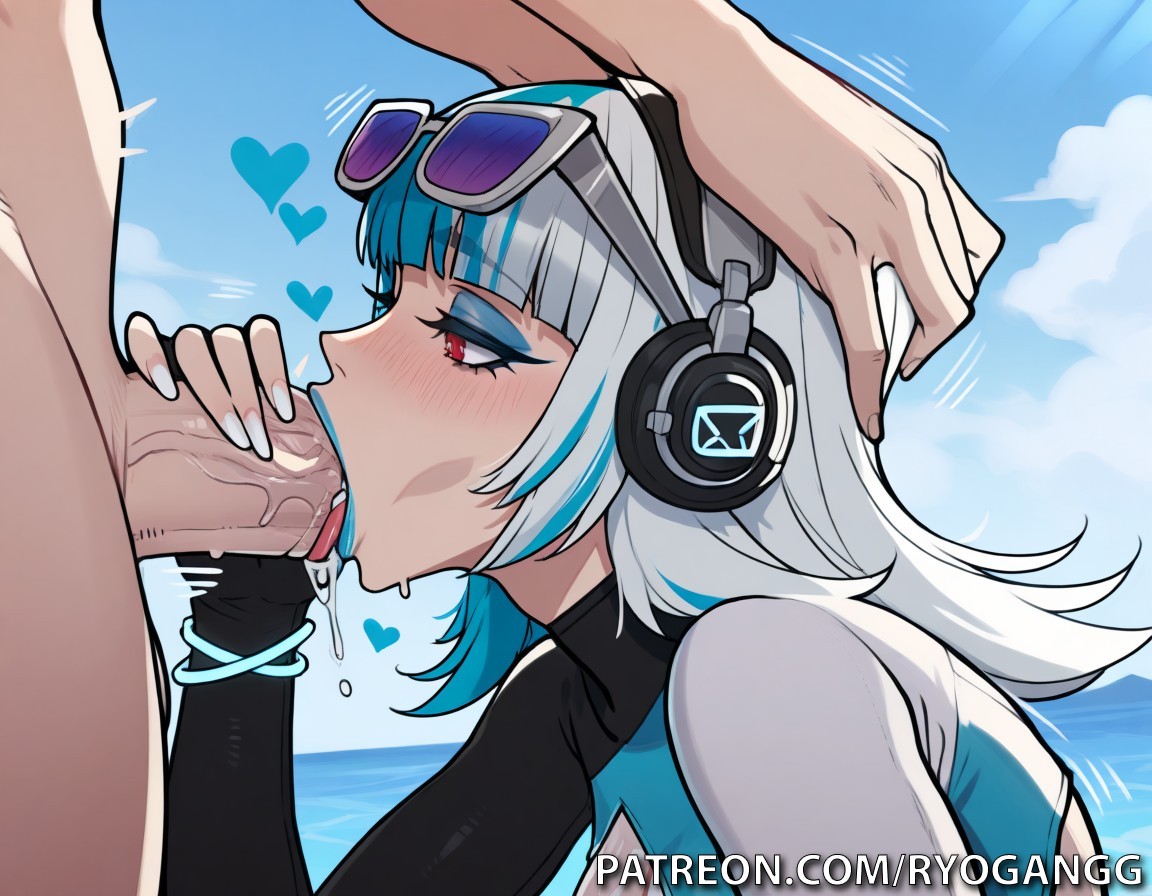 1female, 1girls, 2d, 2d (artwork), ai generated, alternate breast size, bikini, blowjob, blue eyes, blue-haired female, breasts, deepthroat, female, glasses, heterochromia, high resolution, highres, large breasts, light skin, light-skinned female, luna snow, luna snow (cool summer), luna snow (marvel rivals), marvel, marvel comics, marvel rivals, multicolored hair, patreon username, red eyes, ryogangg, sunglasses, white hair female