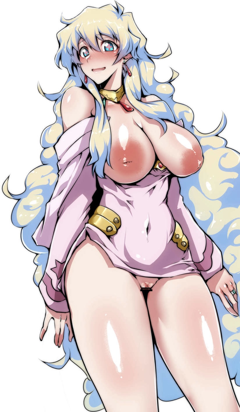 1girls, areolae, blonde hair, breasts, censored, cross pupils, curly hair, earrings, female focus, female only, gggg, green eyes, inverted nipples, long hair, looking at viewer, nia teppelin, nipples, no panties, open mouth, open smile, partially clothed, pussy, simple background, smiling, smiling at viewer, solo, solo female, tengen toppa gurren lagann, white background