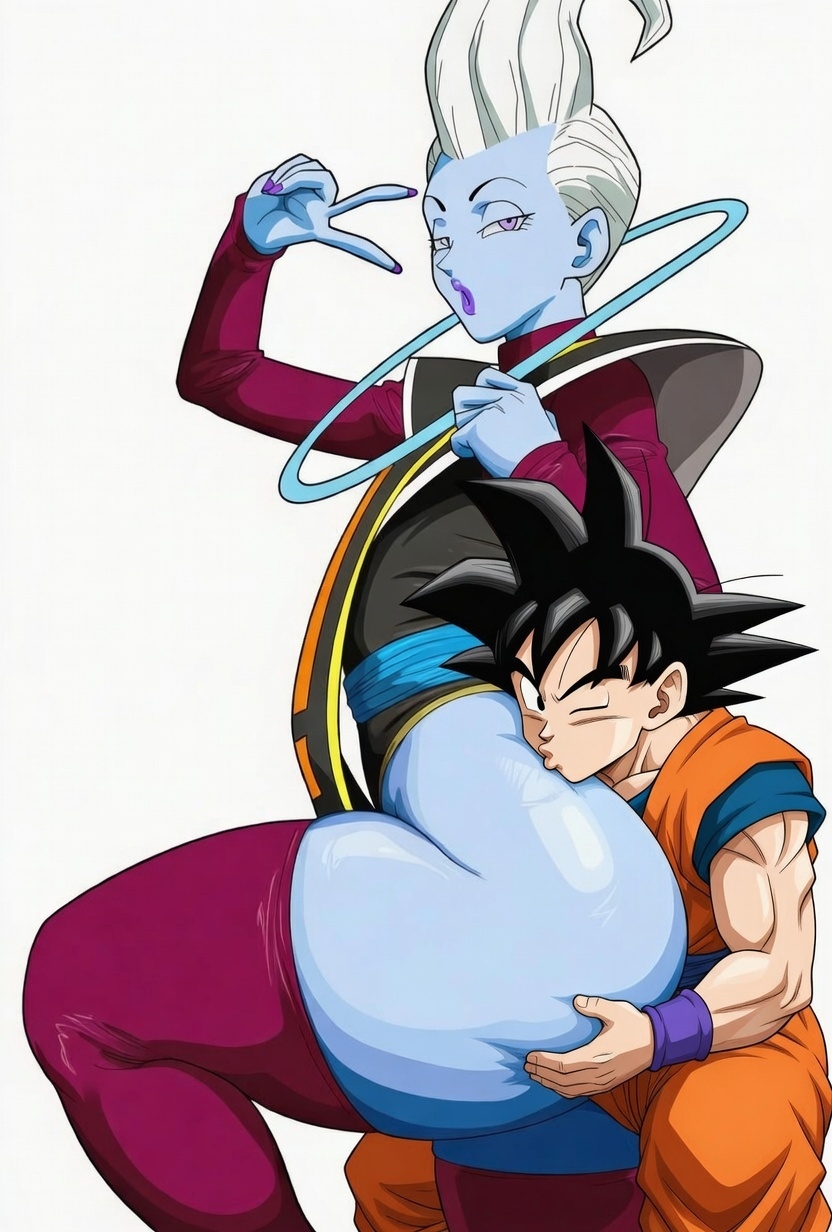 ai generated, ass, big ass, bubble butt, dragon ball, dragon ball super, femboy, gay, goku, kissing, male, son goku, whis, yaoi
