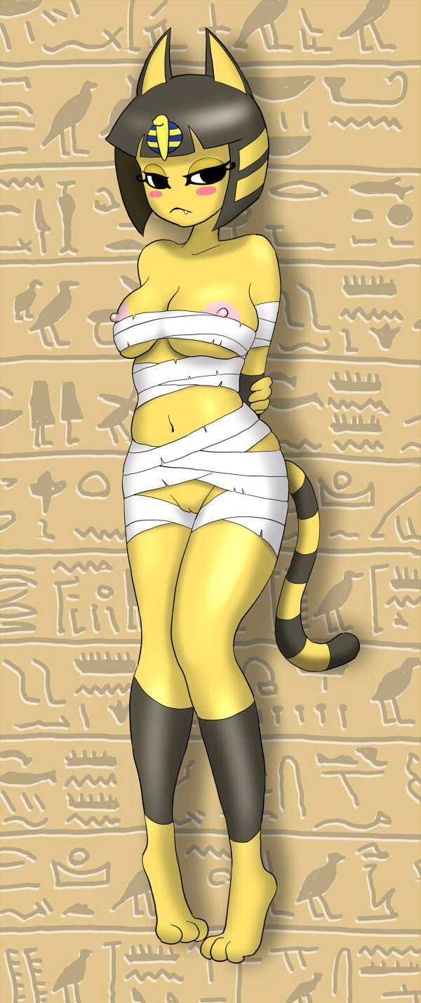 alternate_body_type alternate_breast_size animal_crossing ankha ankha_ride_(minus8) anthro bandage blush breasts feline hieroglyphics mammal nintendo nipples orca_(artist) pussy video_games