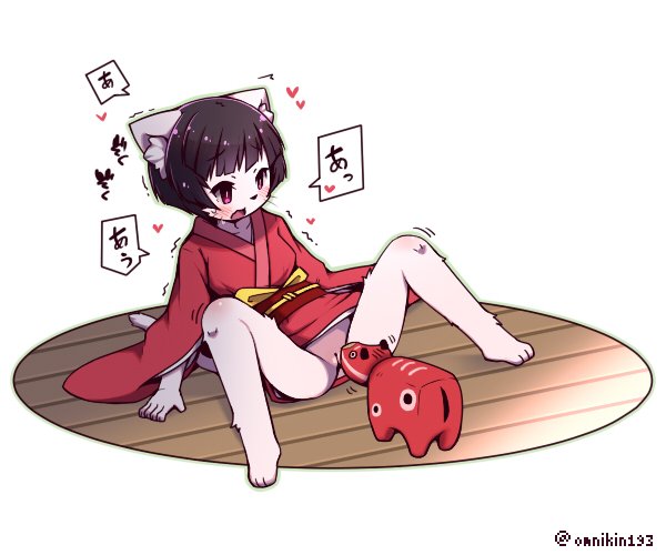 black_hair feline furry japanese_clothes omunikin open_mouth pussy red_eyes setsu_(omunikin) short_hair