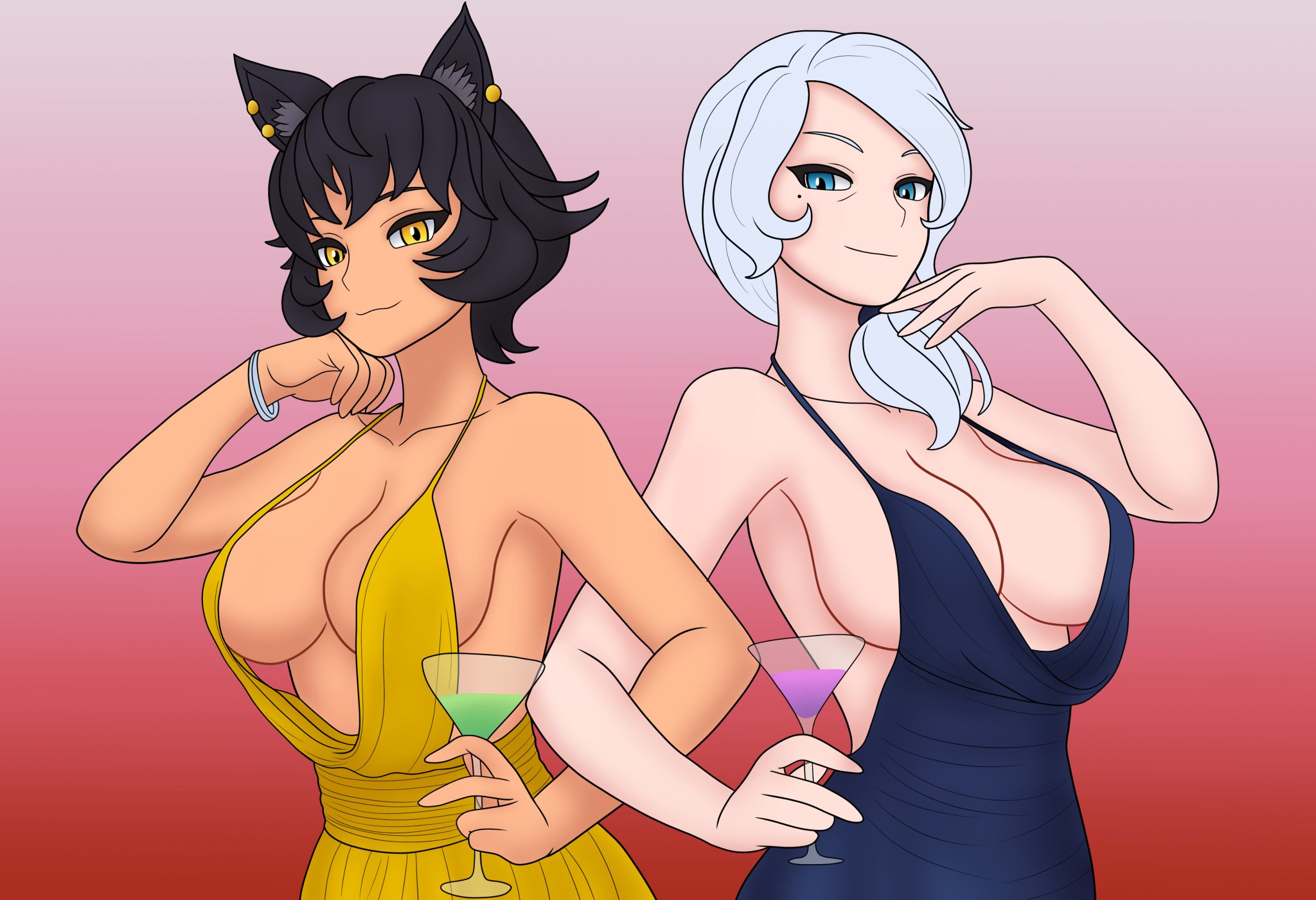 2d, 2d (artwork), 2girls, 2milfs, black hair, black hair female, blue eyes, bojack198, cat ears, cleavage, clothed female, dress, female, female only, kali belladonna, milf, no bra, rwby, simple background, white hair, white hair female, willow schnee, wine glass, yellow eyes