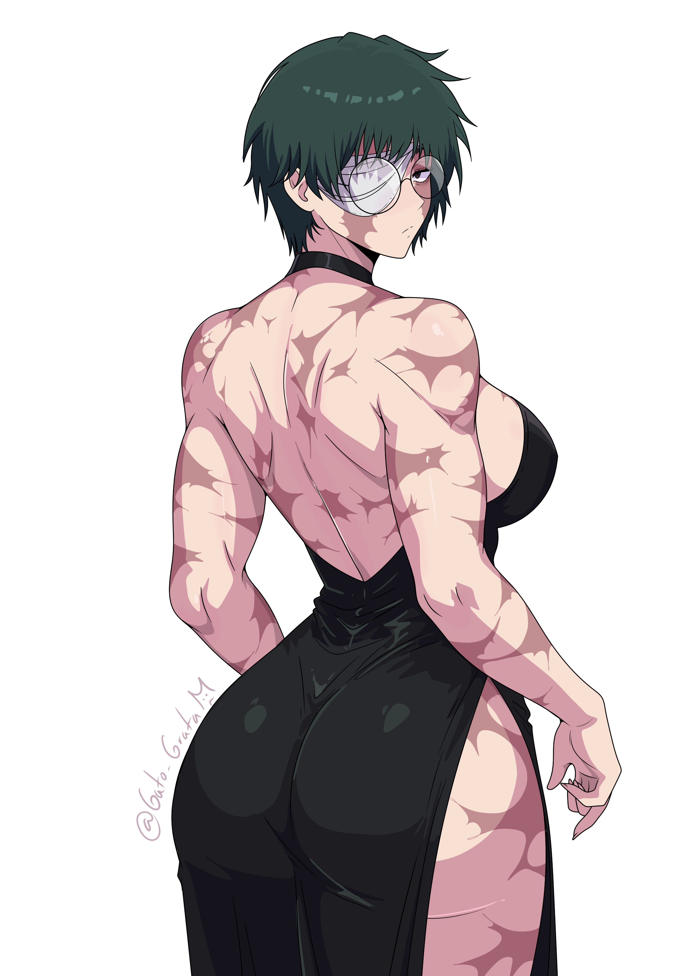 absurdres, ass, backless dress, backless outfit, bandage over one eye, bare back, black choker, black dress, breasts, burn scar, choker, curvy, dark green hair, dress, female, female only, from behind, glasses, gratam, green hair, highres, huge ass, jujutsu kaisen, large breasts, looking at viewer, muscular, muscular female, scar, scar on face, scars all over, short hair, side slit, sideboob, solo, tight clothes, tight dress, tomboy, too many, twitter username, very short hair, voluptuous, white background, wide hips, zenin maki