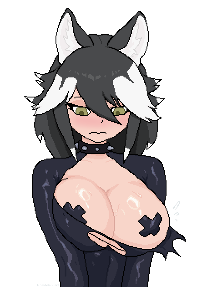 animal_ear_fluff animal_ears black_bodysuit blush bodysuit breasts breasts_squeezed_together cleavage closed_mouth collar collarbone colored_tips cross cross_pasties dot_nose expressionless female flying_sweatdrops grey_hair grey_wolf_(kemono_friends) hair_between_eyes hair_over_one_eye kemono_friends large_breasts latex latex_bodysuit long_hair looking_down messy_hair multicolored_hair nevtelen nipples nose_blush olive_eyes one_breast_out pasties pixel_art shiny_skin simple_background solo spiked_collar spikes sweat sweatdrop torn_bodysuit torn_clothes twitter_username two-tone_hair upper_body wardrobe_malfunction watermark white_background white_hair wolf_ears wolf_girl