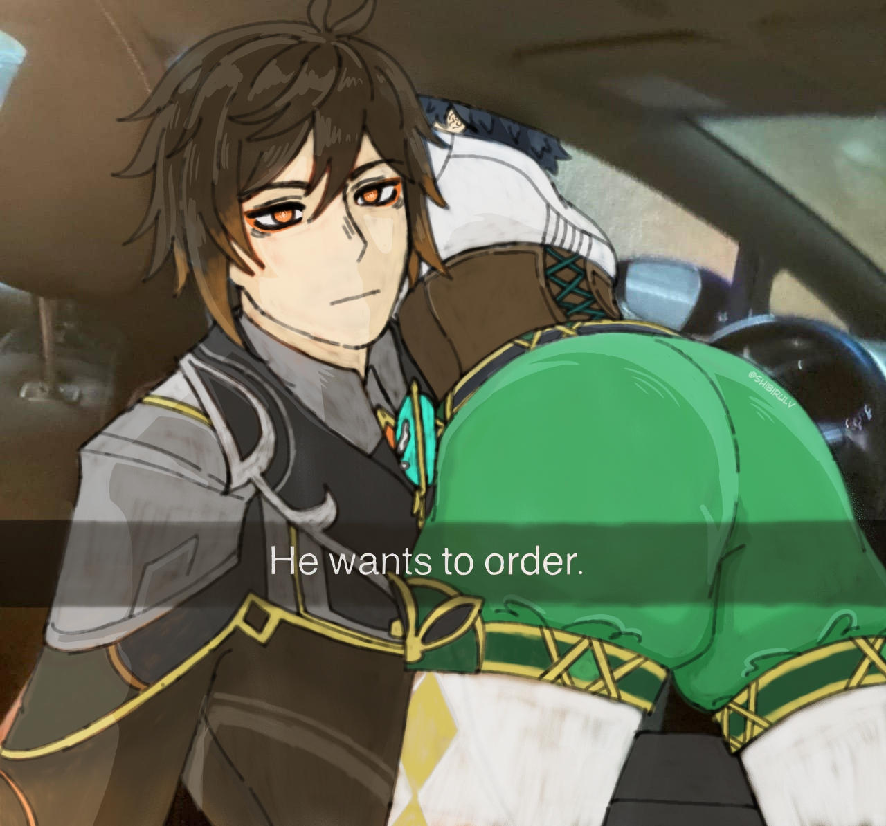 1femboy, 2boys, 2male, ass, ass focus, car, femboy, gay, genshin impact, he wants to order, lifting, lifting person, looking at viewer, male, male only, male/male, venti (genshin impact), video game character, video games, yaoi, zhongli (genshin impact)