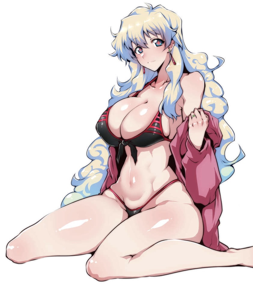 1girls, bikini, blonde hair, breasts, cleavage, cross pupils, earrings, female focus, female only, gggg, gradient hair, green eyes, large breasts, looking at viewer, nia teppelin, on knees, ring, simple background, sitting, smiling, smiling at viewer, solo, solo female, swimsuit, tengen toppa gurren lagann, white background