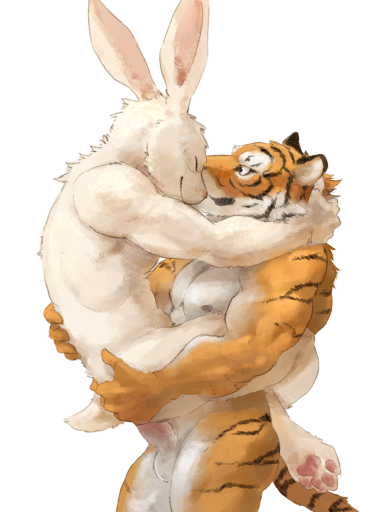 496549736_(artist) abs anal anal_sex anthro balls closed_eyes cuddling cute embrace erection feline fur furry lagomorph male mammal nude on_top orange_fur penetration penis rabbit stripes tiger white_fur yaoi