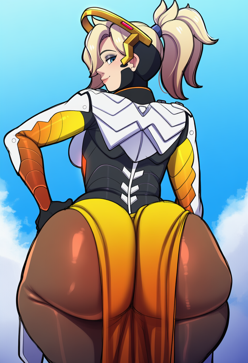 1girls ai ai_generated ass_focus back_view behind_view big_ass big_butt bubble_ass bubble_butt bwl_(style) female female_focus female_only looking_at_viewer mercy novelai overwatch solo thick_thighs_