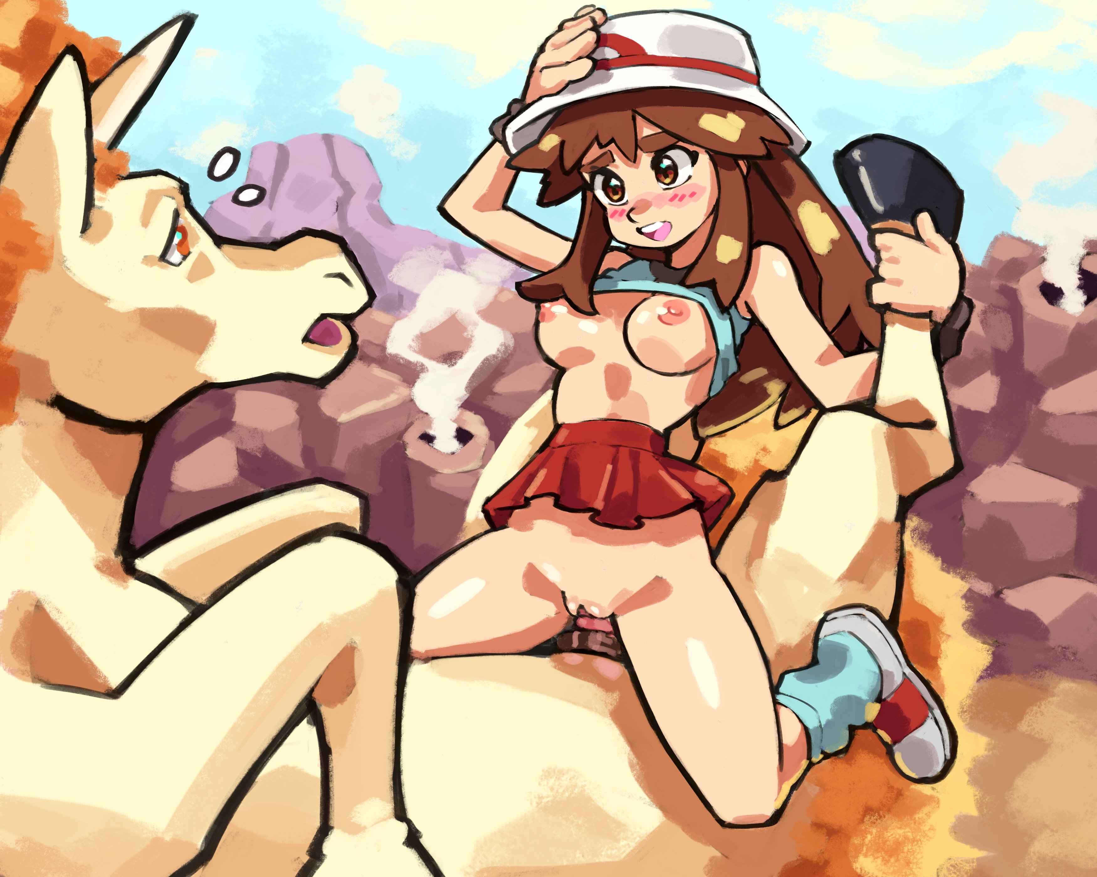 1boy, 1girls, cowgirl position, female, horse, horsecock, human, leaf (pokemon), lu blu, male, male pokemon/female human, pokemon, pokemon (species), pokemon frlg, pokephilia, rapidash