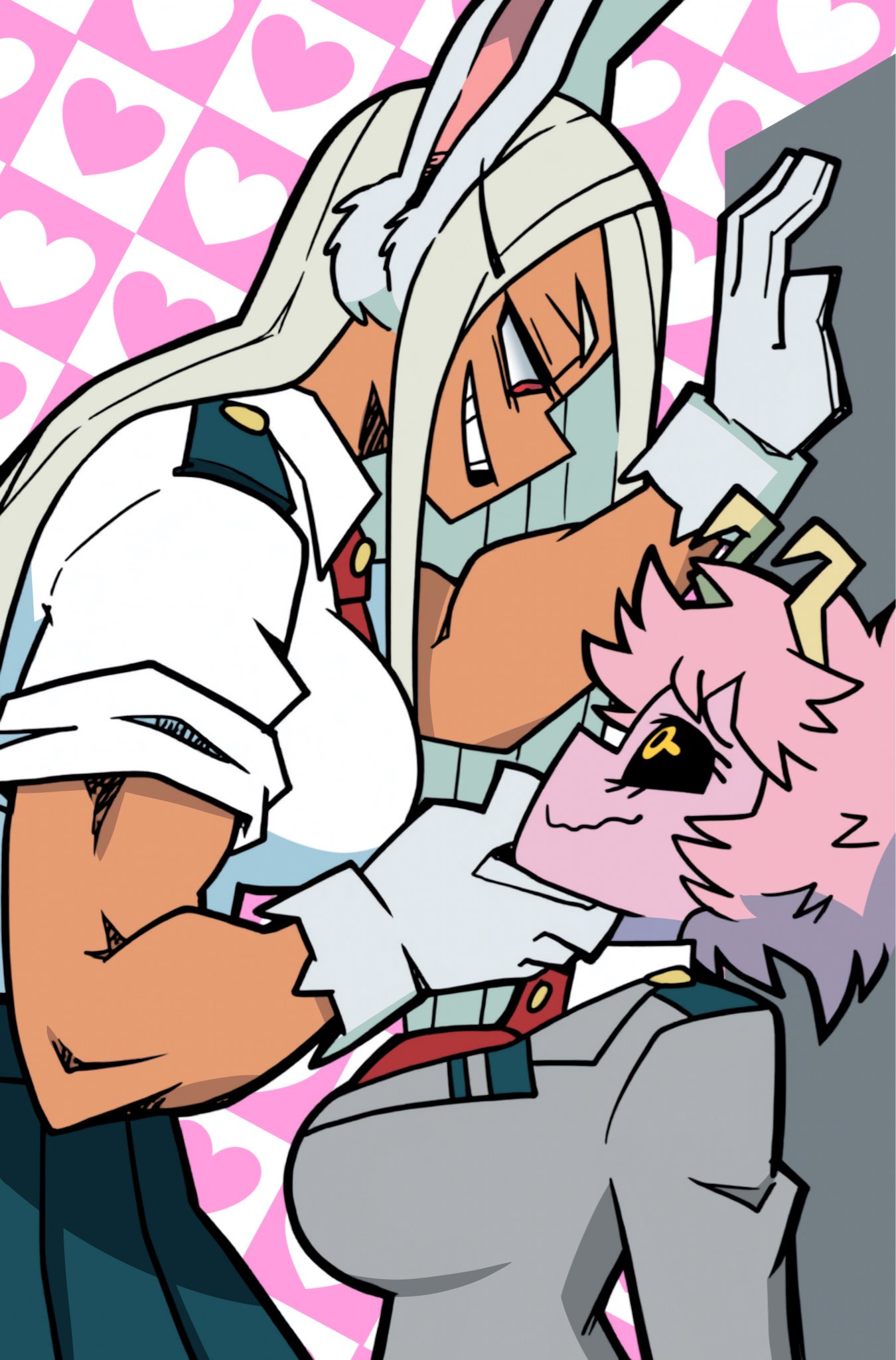 2d, 2d (artwork), 2girls, ashido mina, breasts, dark skin, dark skinned female, female, female only, flirting, heart background, height difference, long hair, long hair female, mina ashido, miruko, muscular, muscular female, my hero academia, parallaxfused, pink hair, pink hair female, pink skin, pink skinned female, school uniform, short hair, short hair female, size difference, student, student and teacher, student uniform, teenager, white hair, white hair female, yuri