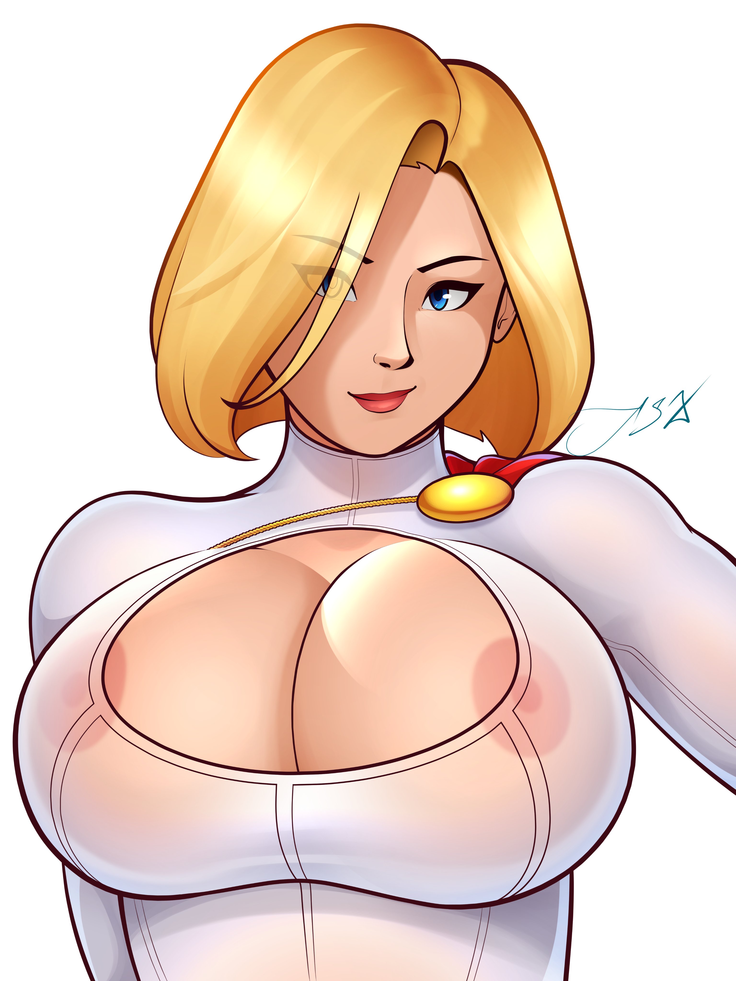 1girls, about to burst, alternate background, alternate version available, applespicex, areola slip, areolae, areolae visible through clothing, barely contained, barely contained breasts, barely fits, big breasts, blonde hair, blue eyes, breast focus, breasts, breasts too big, bursting breasts, cape, cleavage, dc, dc comics, eye visible through hair, female, female only, hair, hair over one eye, huge breasts, imminent wardrobe malfunction, leotard, lips, nipples, nipples visible through clothing, power girl, revealing clothes, short hair, simple background, smile, solo, solo female, straining clothing, superheroine, superman (series), supersuit, tight clothes, tight clothing, tight fit, tight suit, tight supersuit, too tight, undersized clothes, undersized clothing, upper body, upper body focus, white background, white leotard