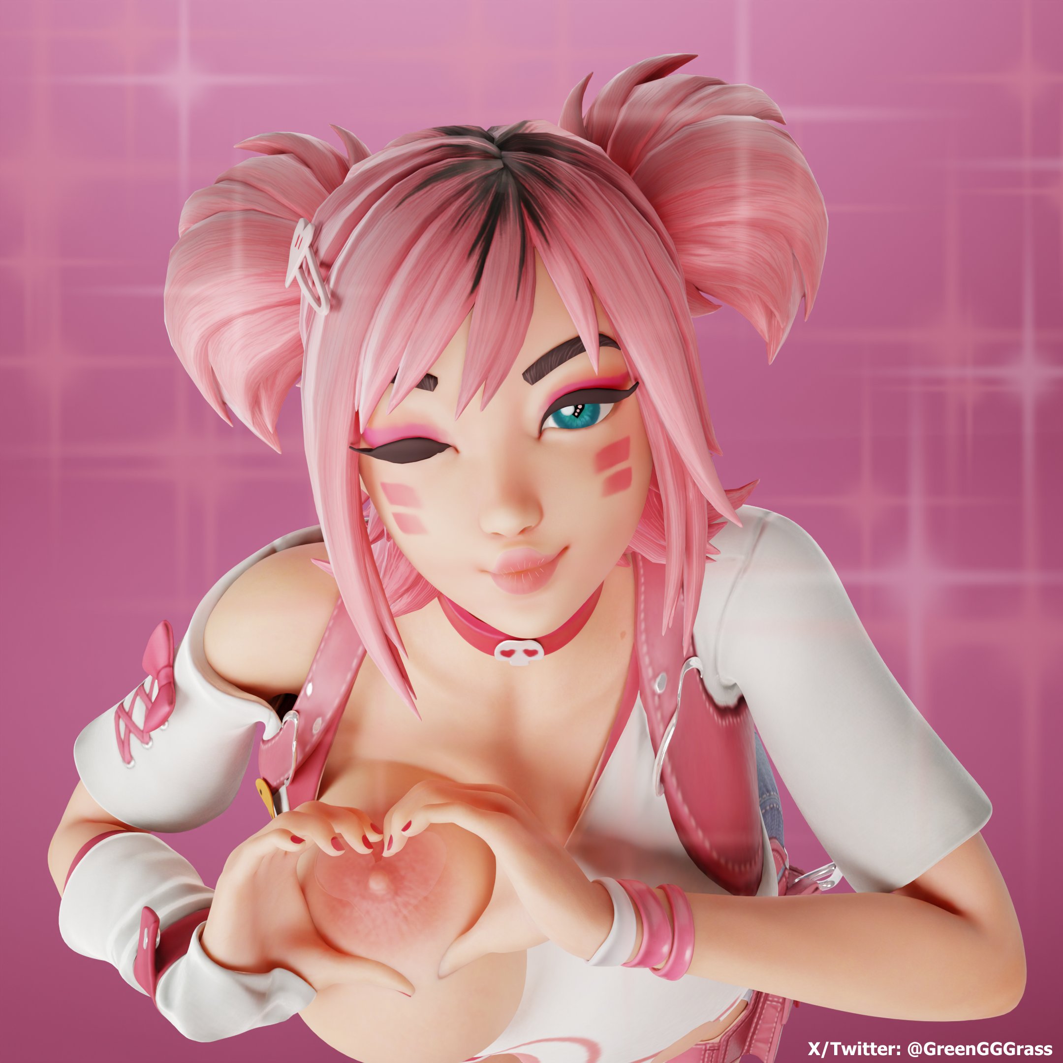 1girls, 3d, 3d (artwork), artist name, black eyeliner, bracelet, choker, clothed female, clothing, epic games, esme (fortnite), eyeliner, eyeshadow, facepaint, female, female focus, female only, fortnite, functionally nude, functionally nude female, greengrass, hair ornament, hairtie, heart hands, huge areolae, huge breasts, huge nipples, large areolae, large breasts, large nipples, light skin, light-skinned female, looking at viewer, makeup, nude, nude female, pale skin, pale-skinned female, partially clothed, pink eyeshadow, pink hair, short hair, short twintails, skin tight, skindentation, solo, solo focus, tight clothes, tight fit, top heavy, twintails, valentine's day, video game, video game character, video game franchise, watermark, wink, winking, winking at viewer