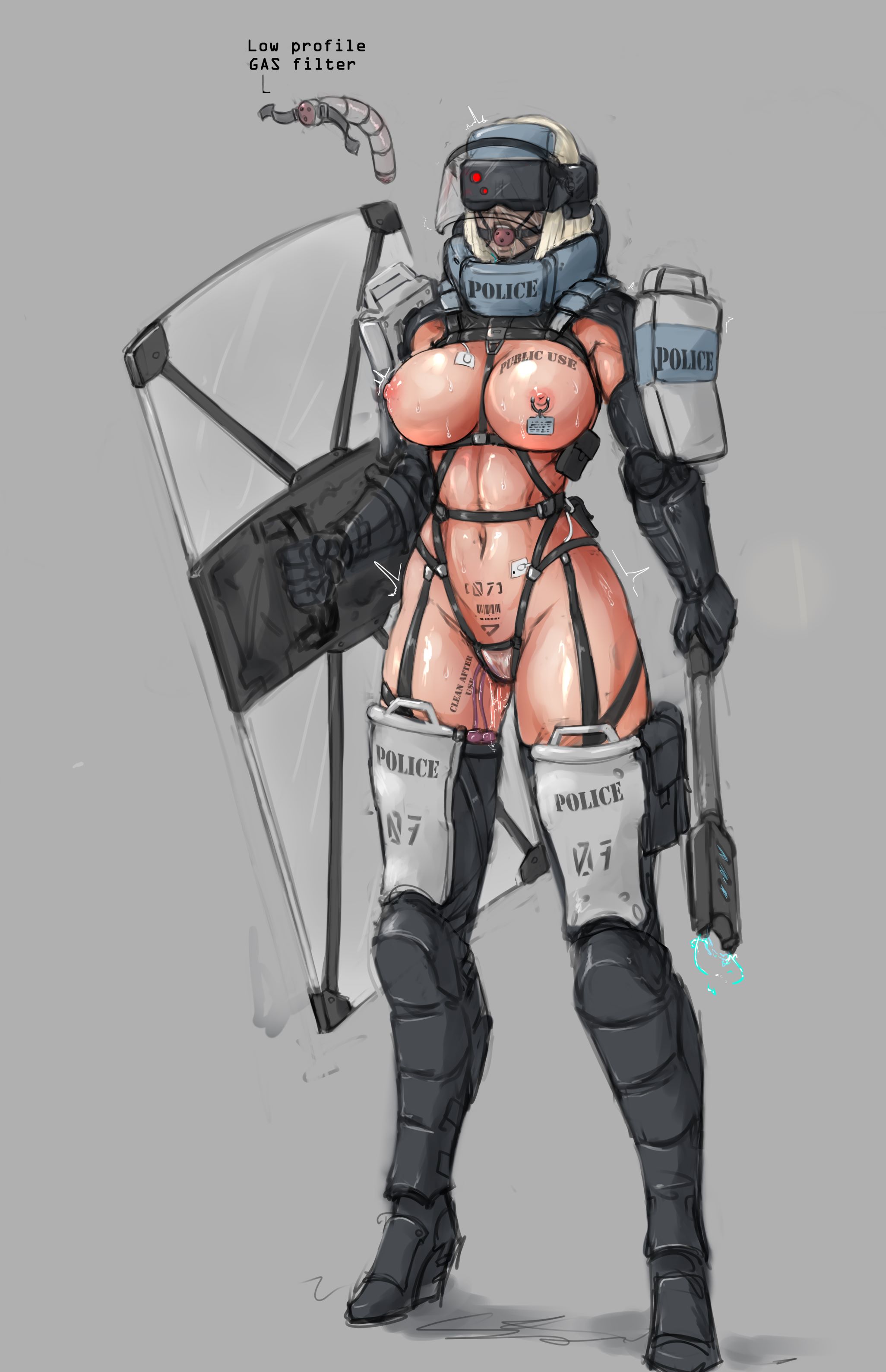 1girls, barcode, barcode tattoo, body control, dildo gag, electric baton, electricity, english text, face shield, female, female only, functionally nude, gag, gagged, helmet with visor, holding shield, holding weapon, impractical armor, involuntary exposure, involuntary masturbation, leaking pussy, mind control, nipple piercing, nipple tag, nipples, piercing, police, police baton, police helmet, pubic tattoo, public use, riot shield, sex toy, sirpetus, slave, stun baton, tattoo, text, vibrator, vibrator in pussy, weapon, wedge heels
